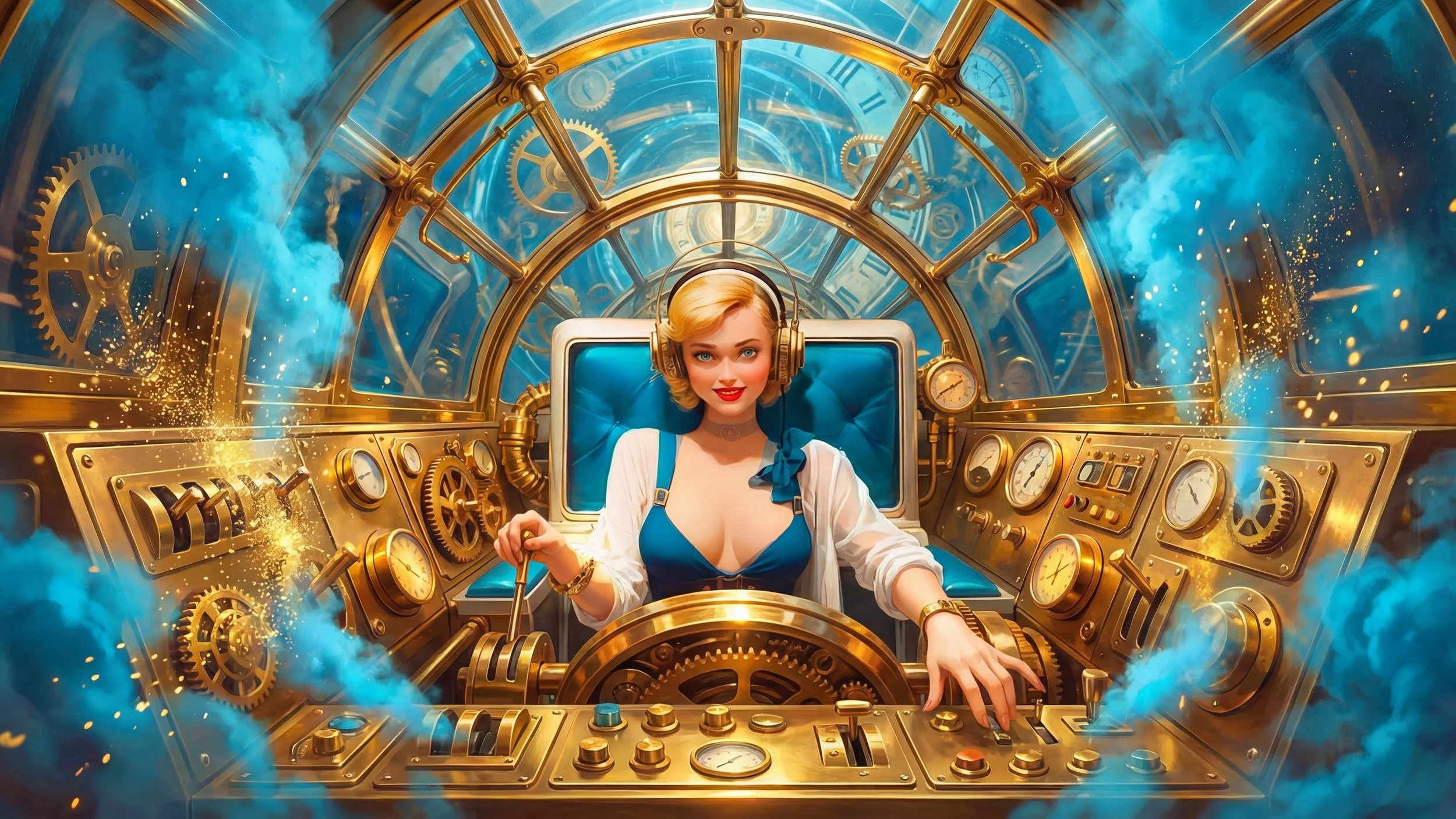A woman with blonde hair, blue eyes, and red lipstick wearing vintage-style clothing with a bow on her shoulder, sitting in a steampunk-themed cockpit with golden gears, gauges, and pipes, surrounded by blue smoke and sparks.