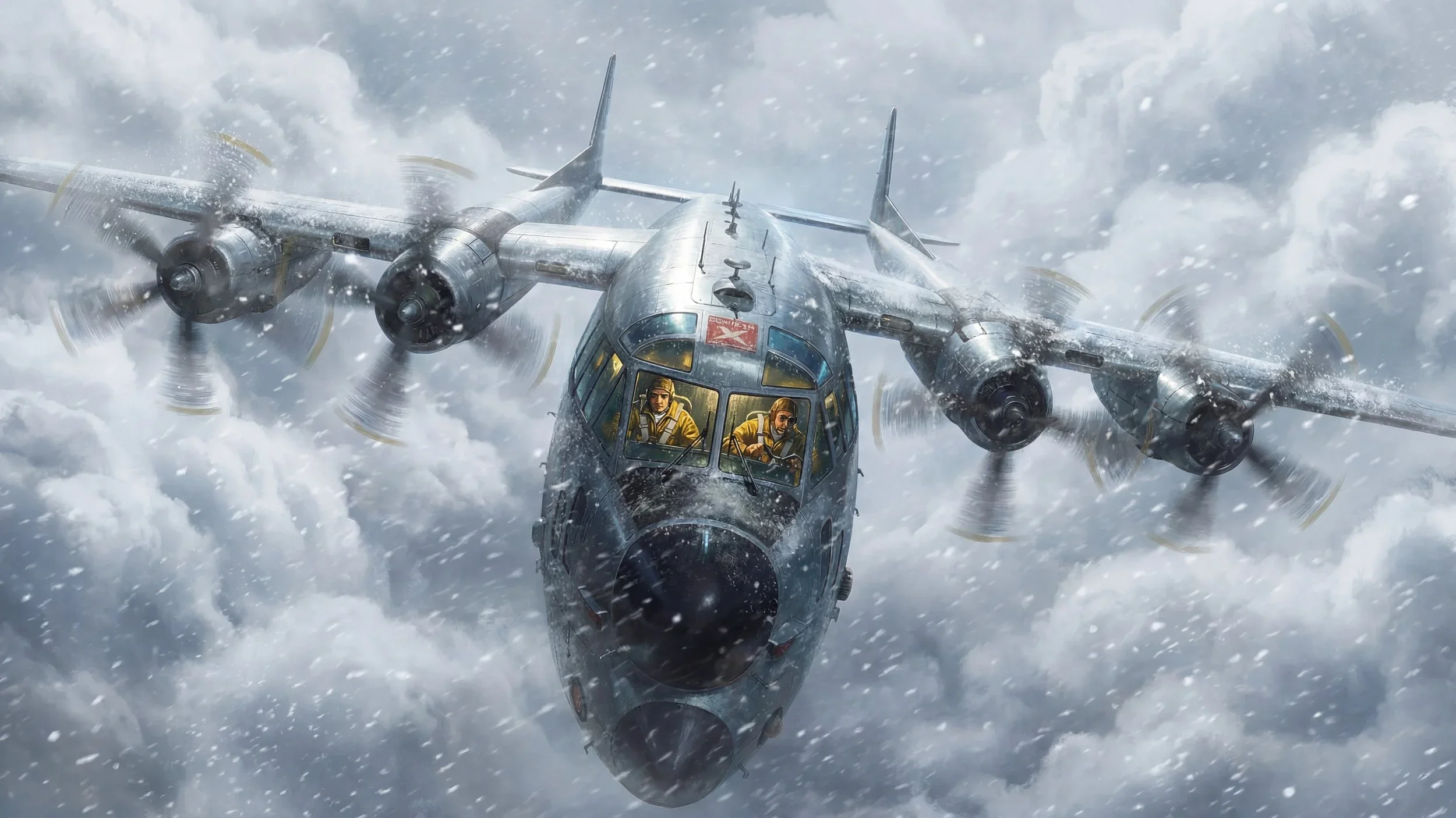 A military aircraft flying through stormy clouds with two pilots visible in the cockpit.