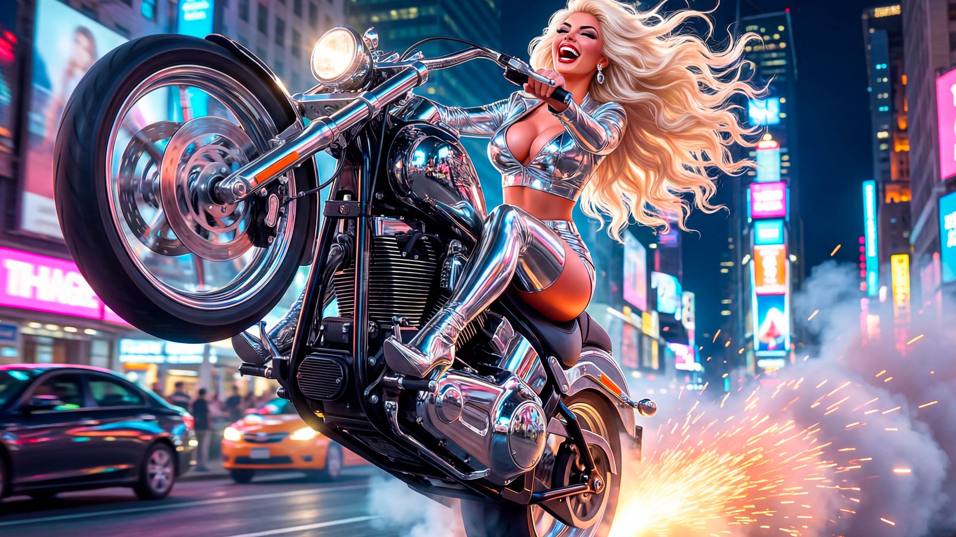 A woman with long blonde hair, wearing a shiny silver outfit and high boots, is performing a wheelie on a black motorcycle in a city at night. The city is brightly lit with neon signs and cars.