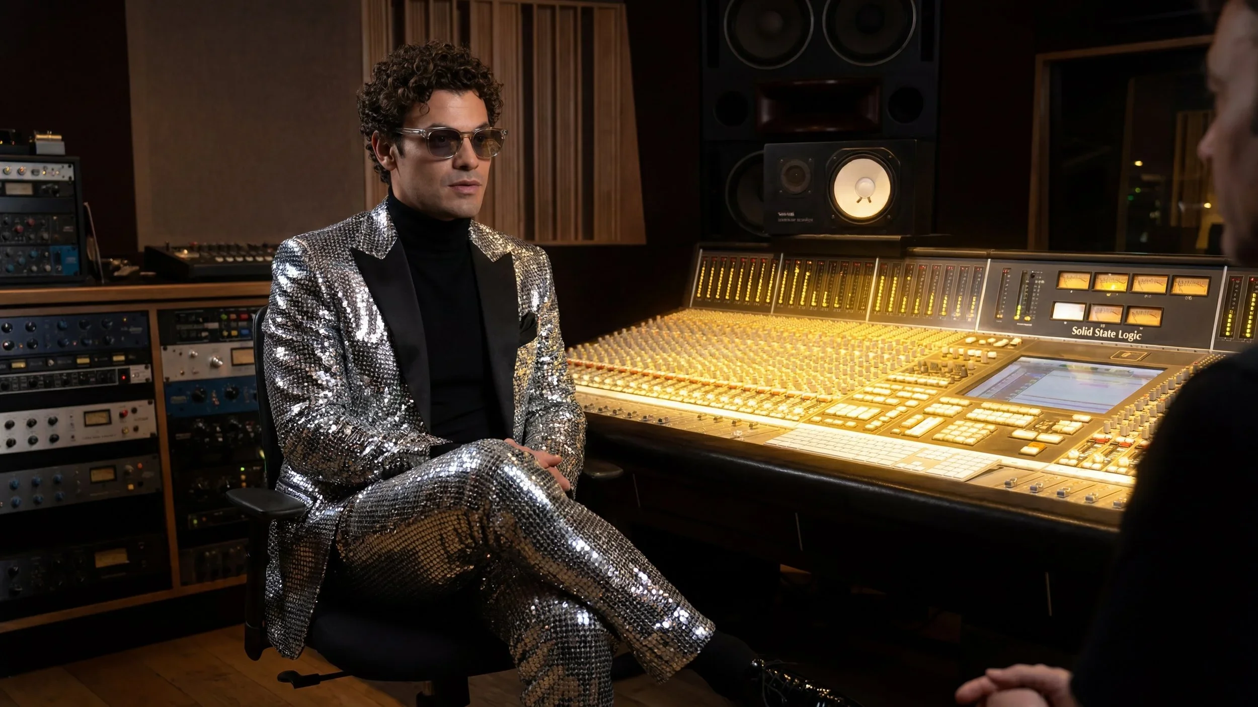 A man with curly hair and sunglasses wearing a shiny, silver, sequined suit sitting in a recording studio in front of a mixing console.