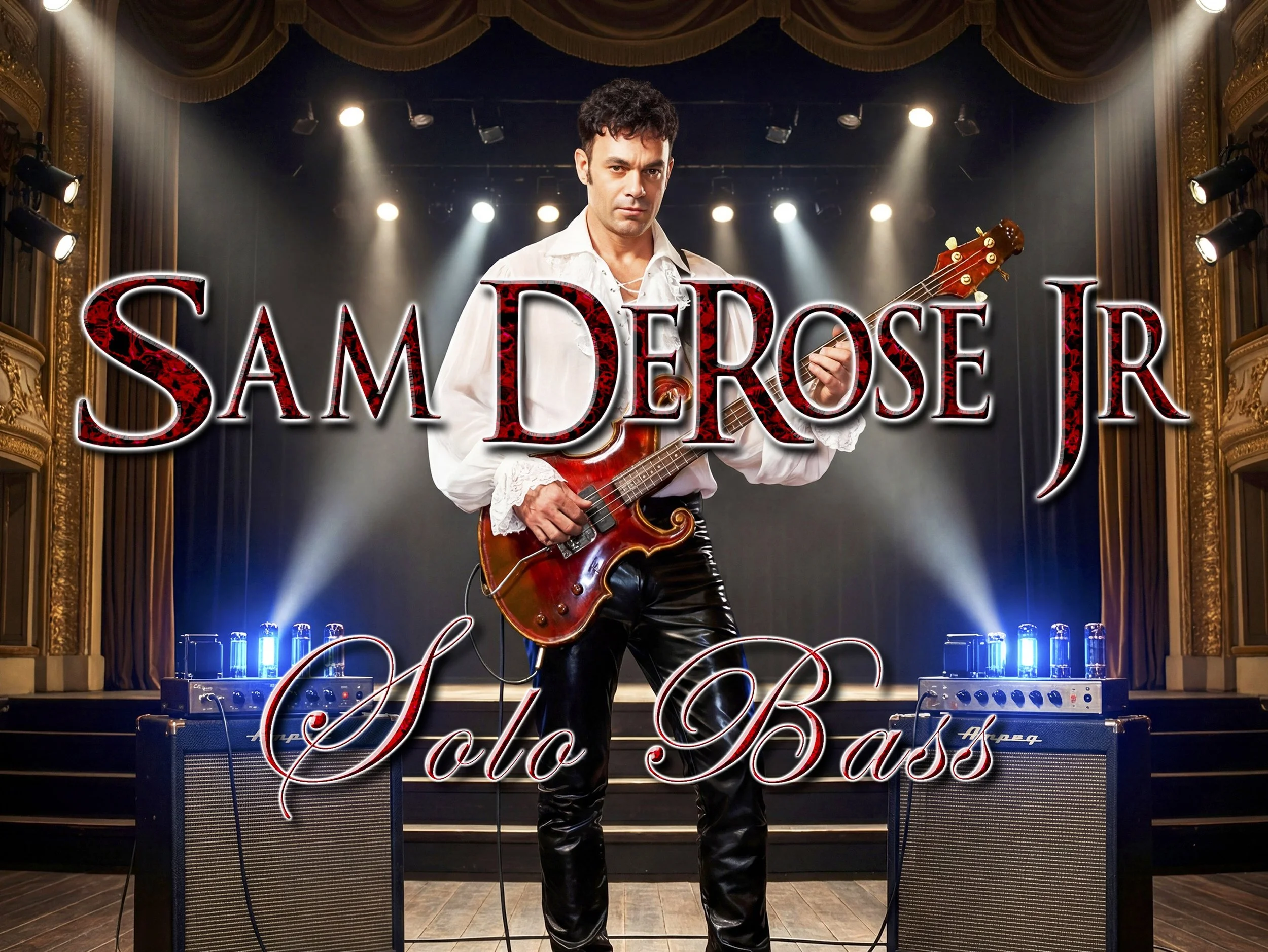 A man playing an electric guitar on stage with bright lights shining behind him. The stage has gold ornate decorations with curtains, and there is text overlaying the image that reads 'Sam DeRose' and 'Photo By' in elegant script.