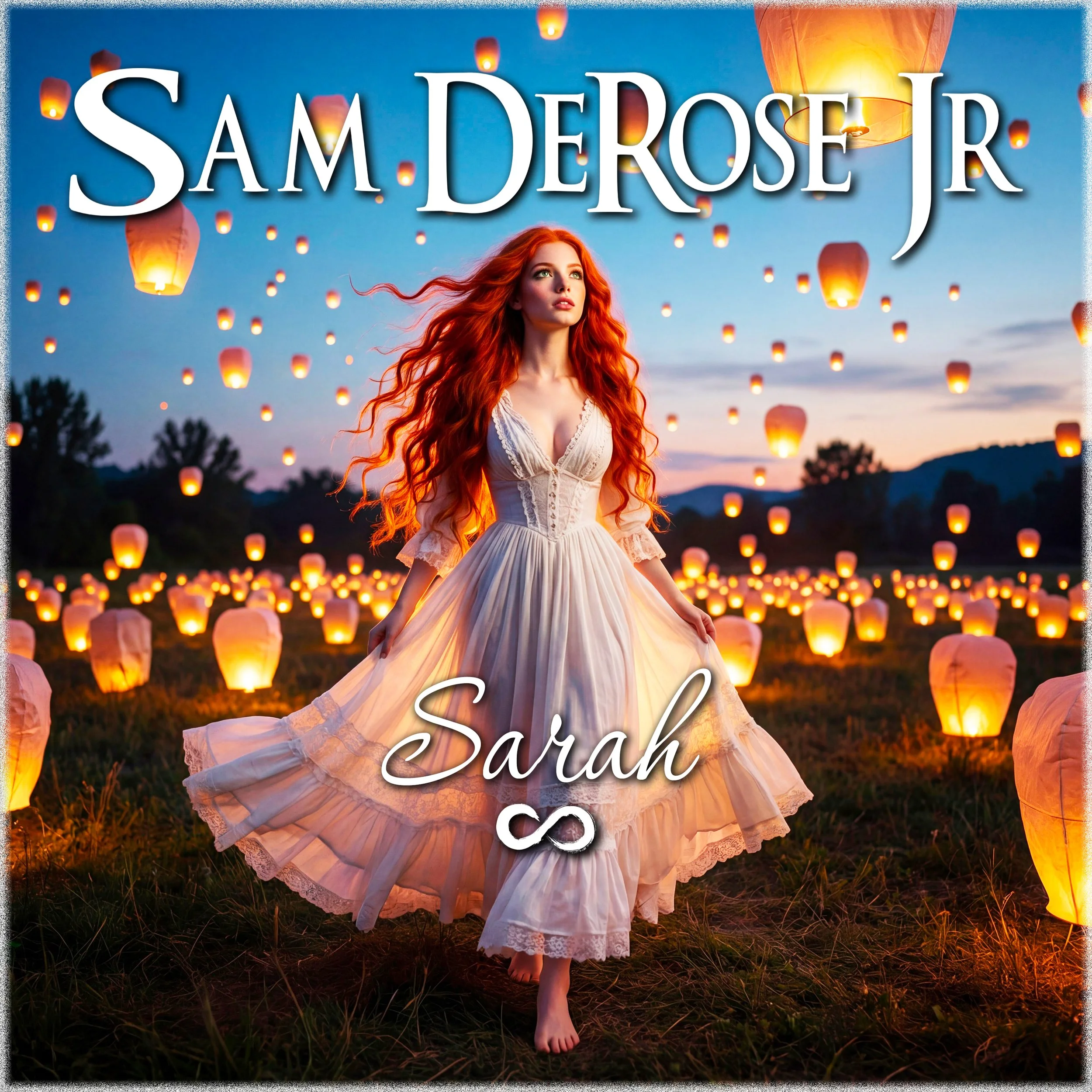 Young woman in a white vintage dress standing in a field of illuminated sky lanterns during sunset or dusk.