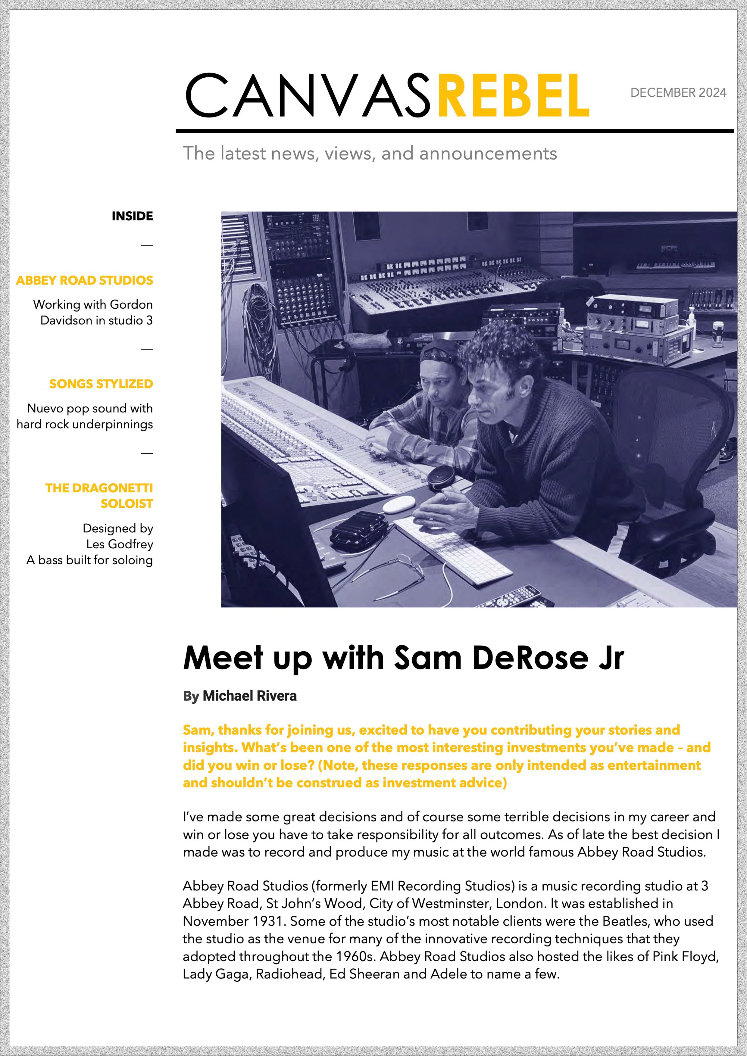Magazine cover titled 'CANVAS REBEL' with the date December 2024. Features a black and white photo of two men working in a recording studio, surrounded by audio equipment.