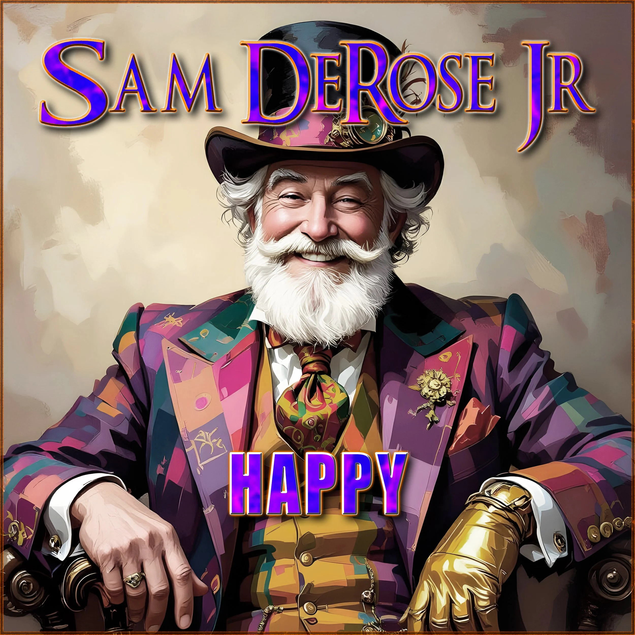 A digital artwork or poster featuring a smiling elderly man with a white beard dressed in a colorful suit. The image is stylized with a pop art effect, including bold colors and abstract patterns. The man is wearing a colorful hat with various designs and a flower brooch on his jacket. Superimposed over the image are large, stylized words enunciating 'Sam DeRose R' and a rainbow-colored text block reading 'HAPPY.' The overall composition presents a festive and vibrant portrait.