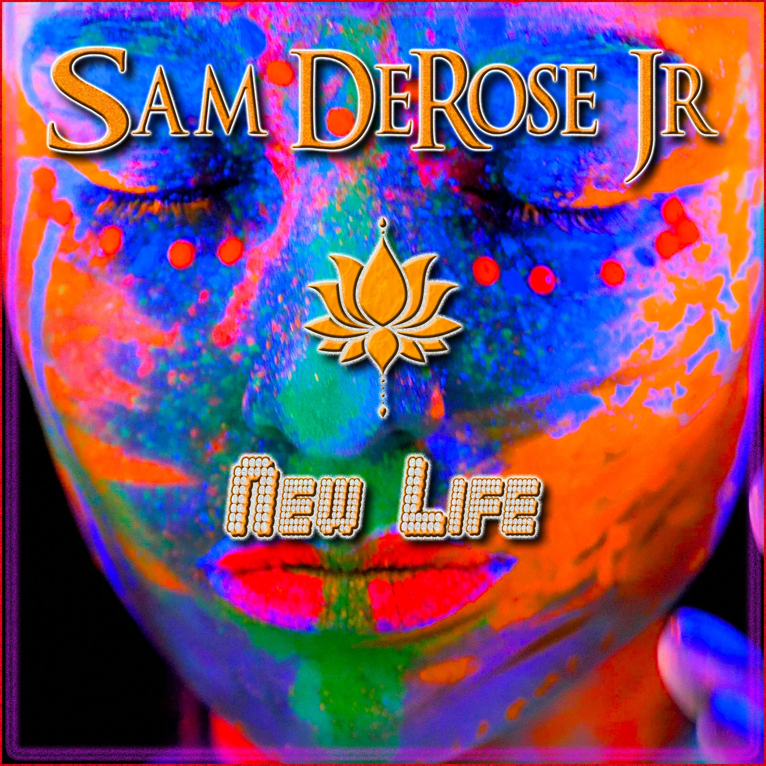 Colorful abstract artwork with the name "Sam DeRose" and the text "New Age" with a floral motif at the bottom.