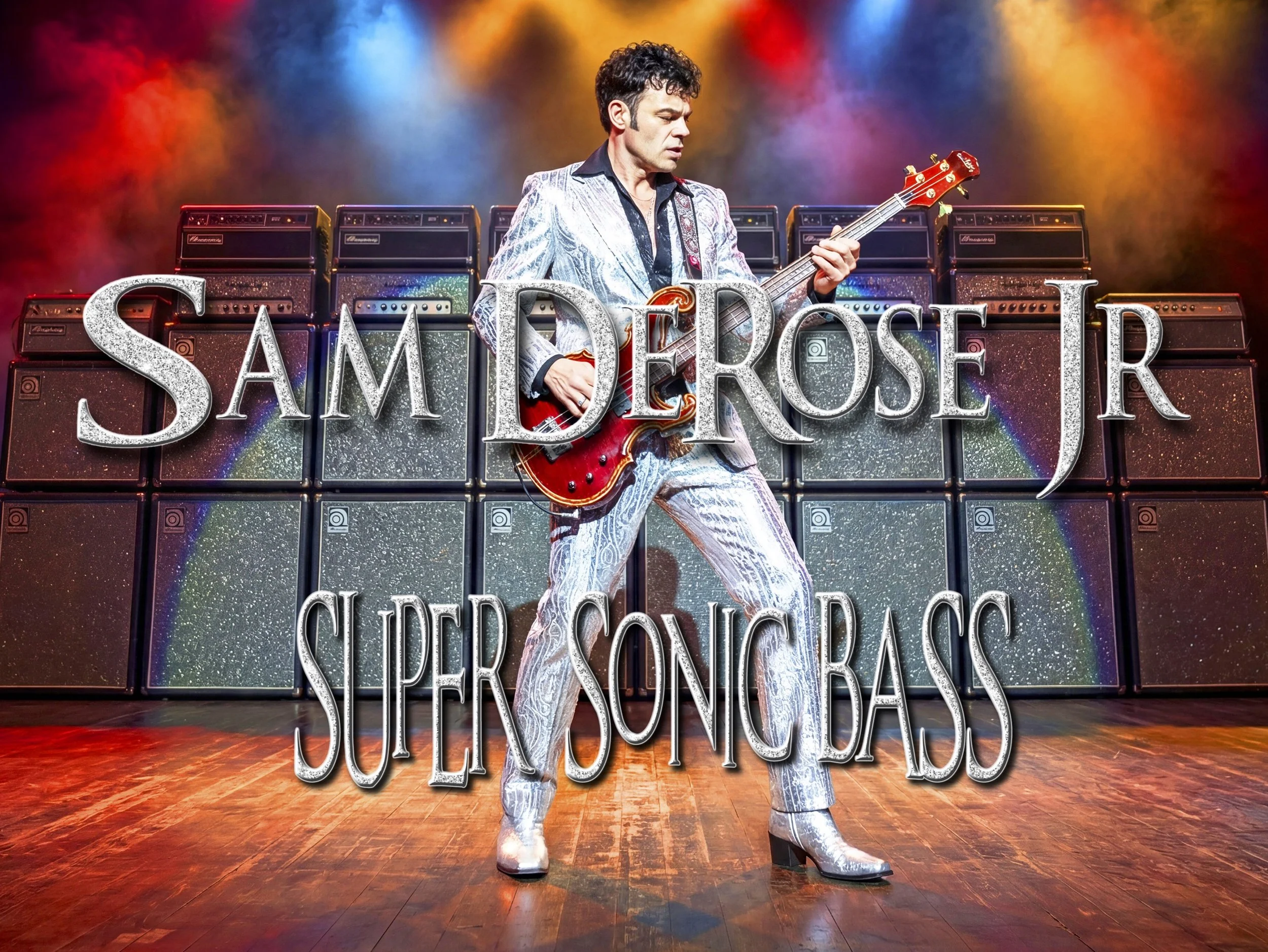 Sam Derose Jr performing on stage with colorful spotlights and a large display behind him that says "Sam DeRose Jr. Glitter and Gold Supernova".