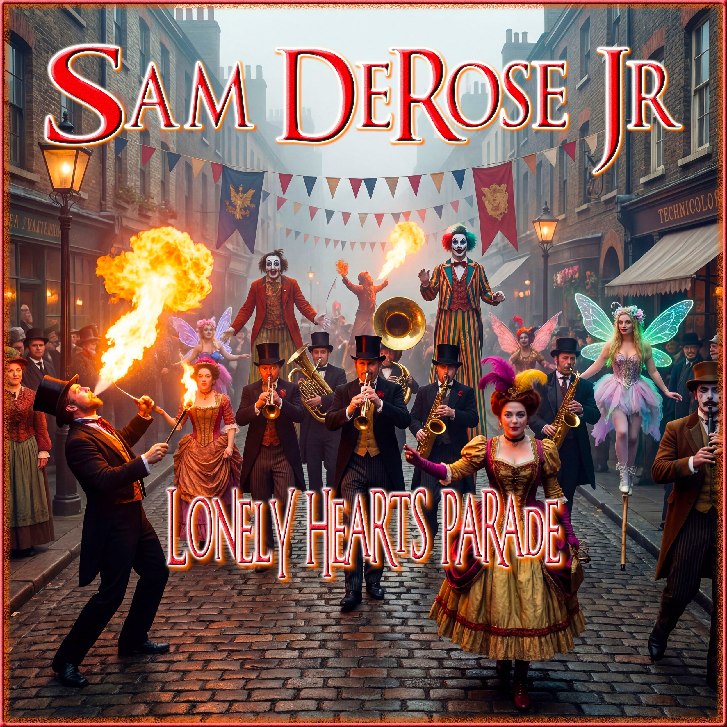 A lively parade scene on a cobblestone street featuring performers dressed as circus characters, fairies with glowing wings, and a marching band. A large sign overhead reads 'Sam DeRose'.