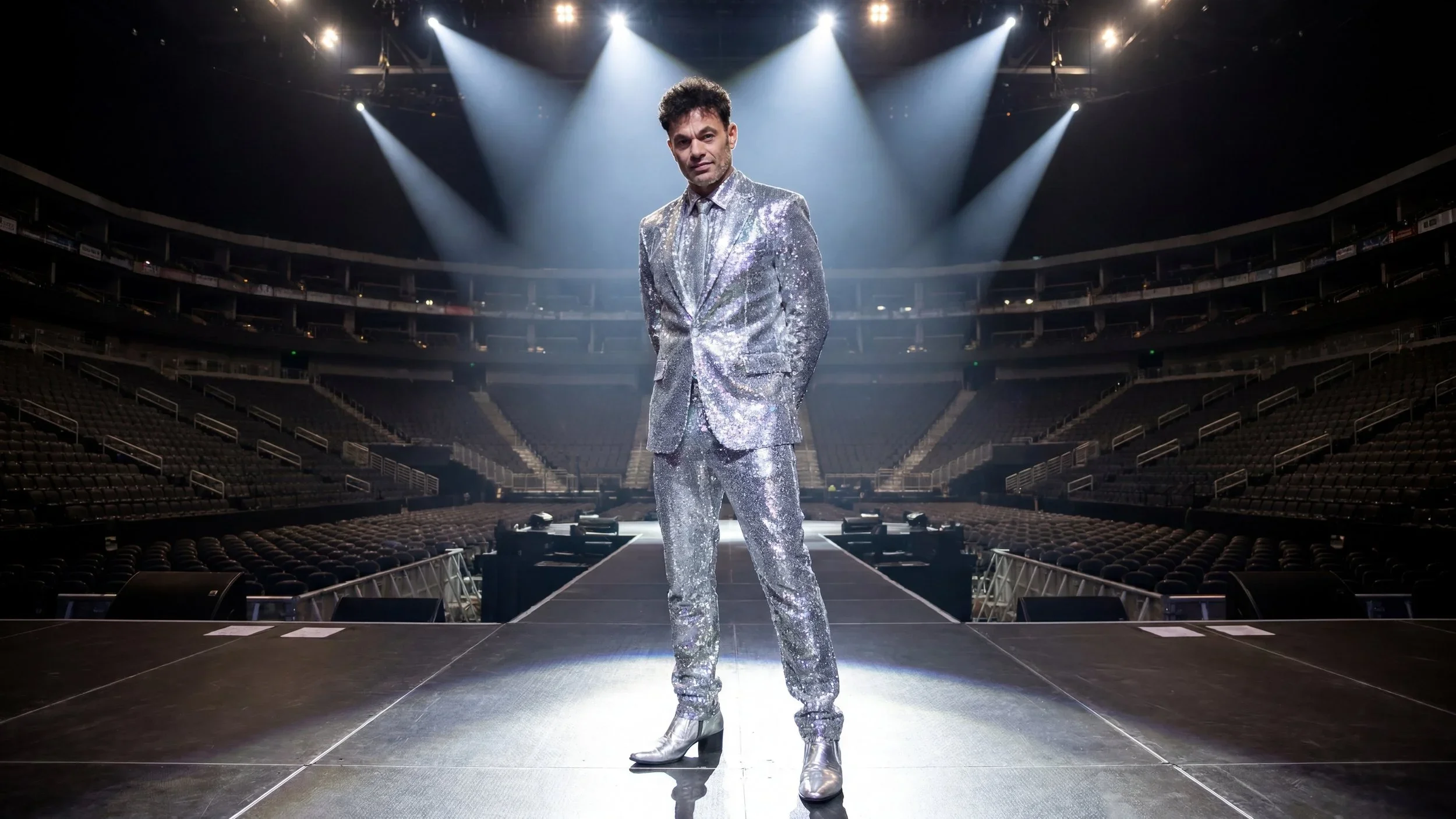 A man in a shiny, silver suit standing on a stage in an empty theater with bright spotlight overhead.