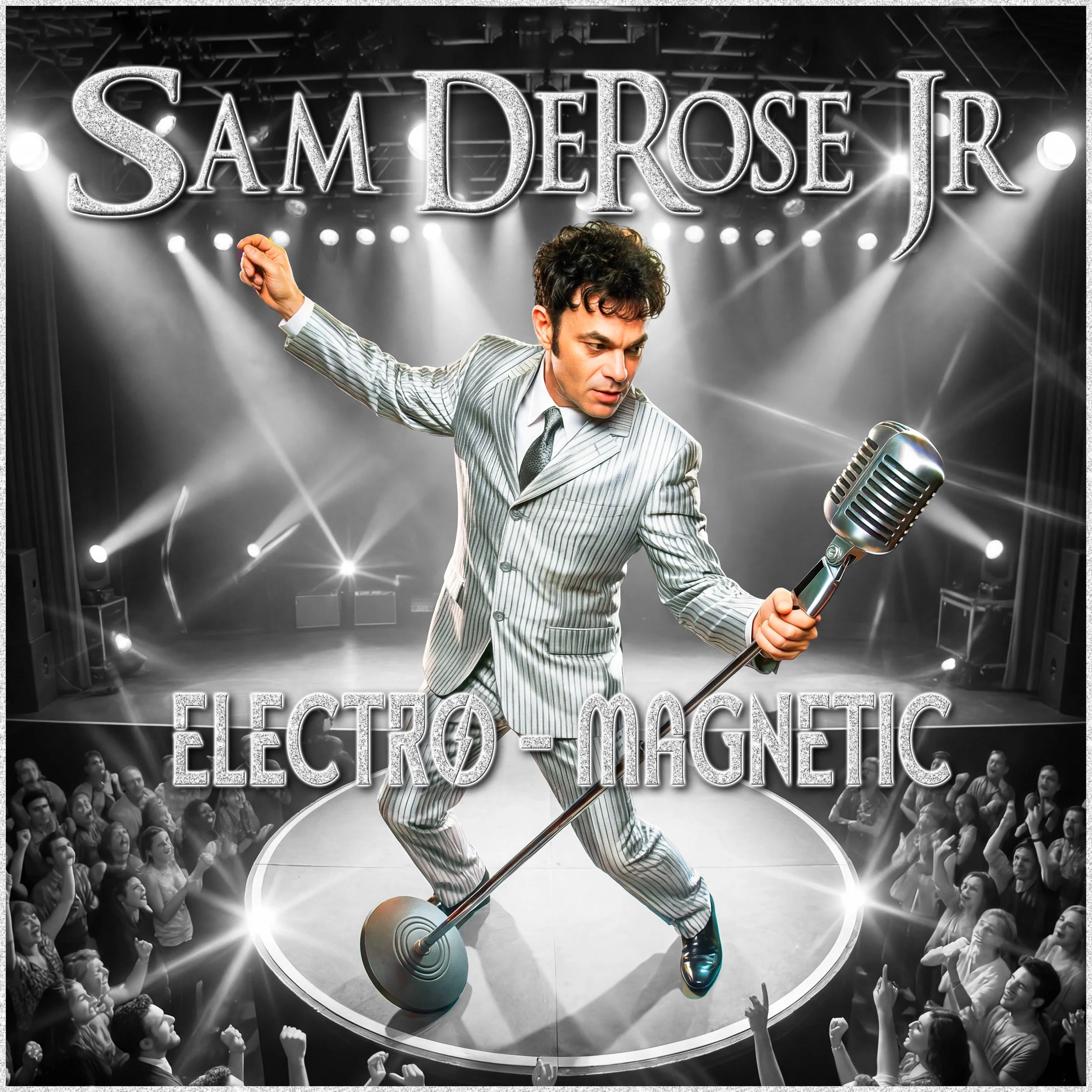 George Clinton performing on stage with a microphone, surrounded by an audience, with the words 'Electro, Magnetic' in the background.