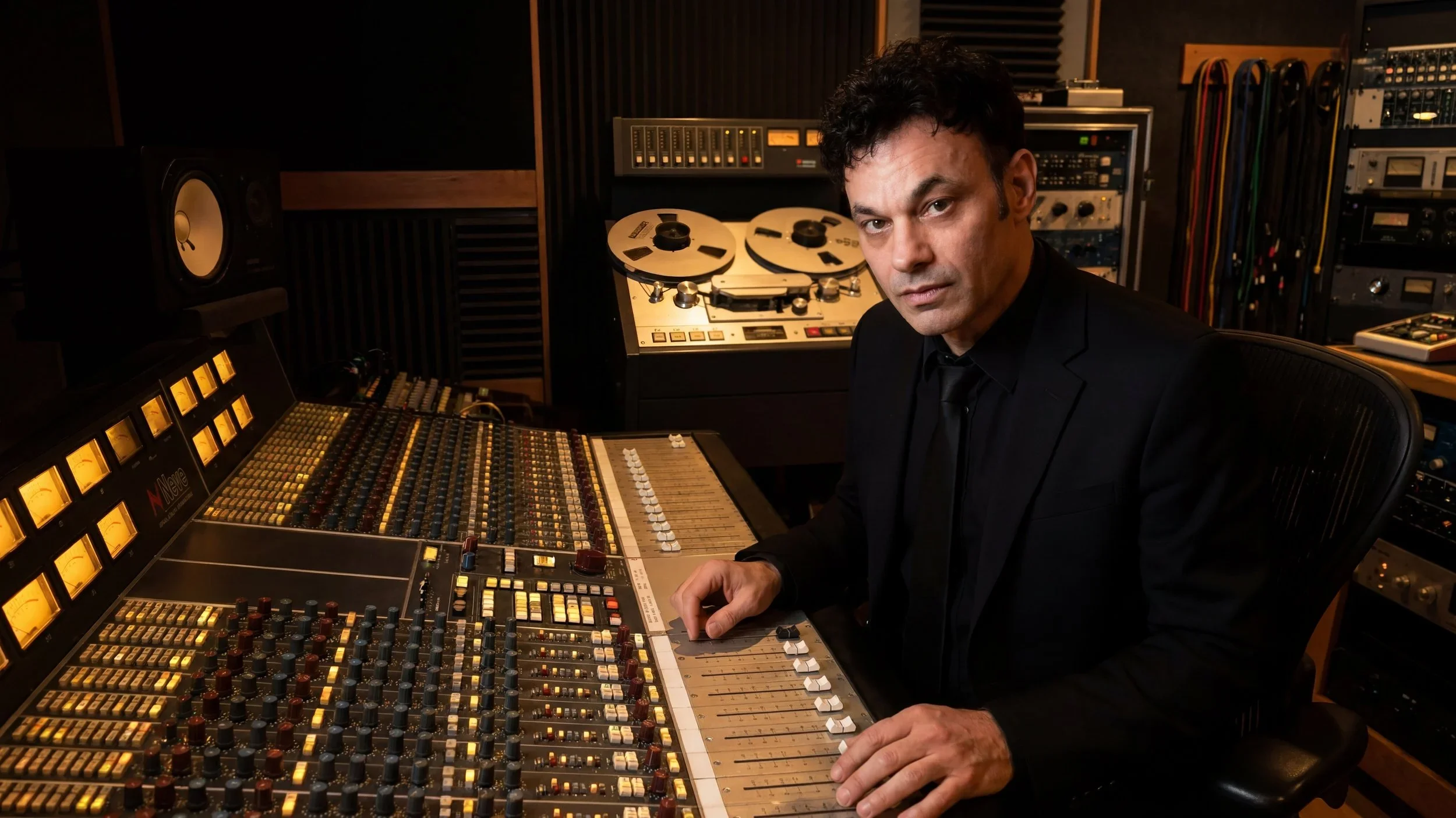 A man in a black suit sits at a large audio mixing console in a recording studio surrounded by sound equipment, including speakers, reel-to-reel tape players, and rack-mounted audio gear.
