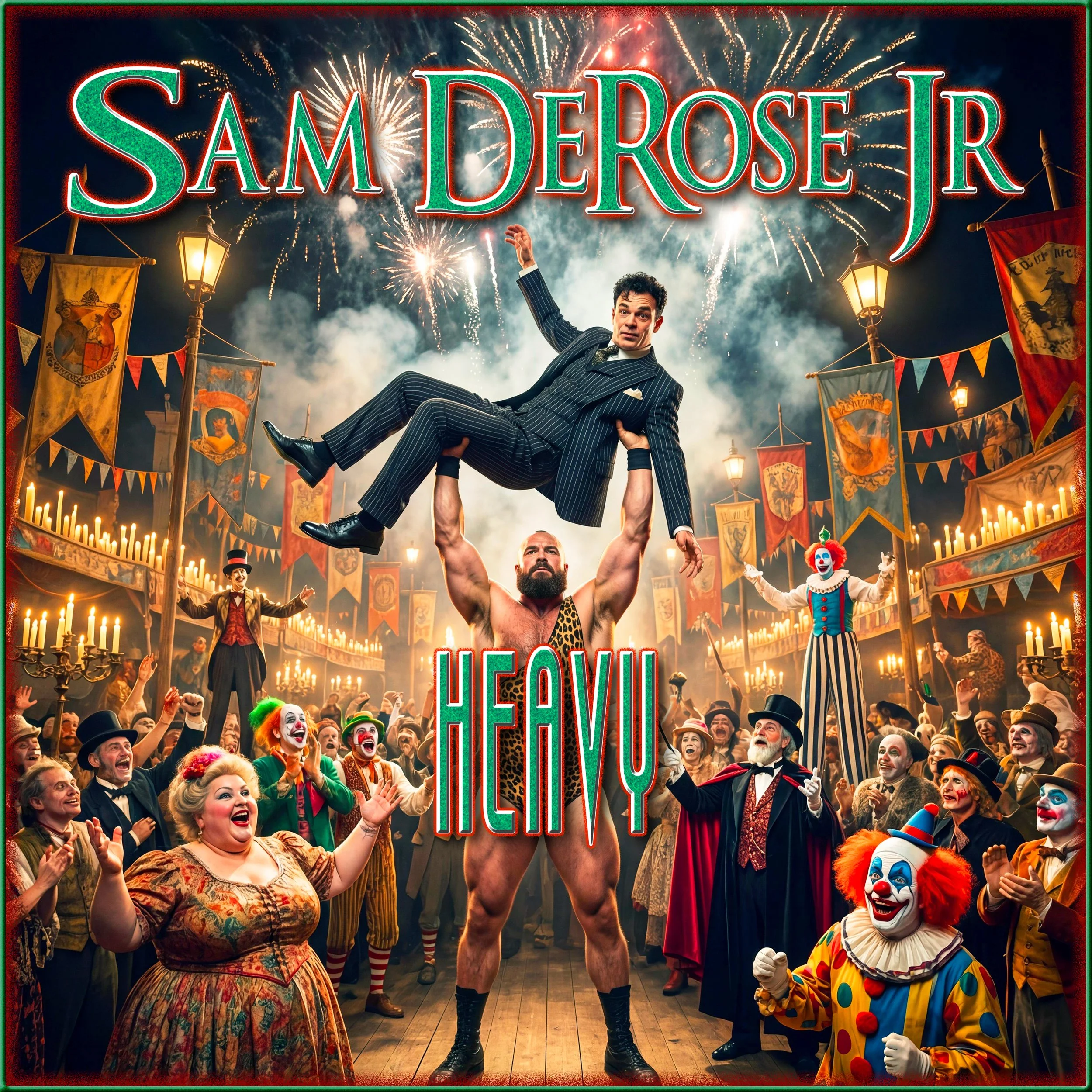 A lively carnival scene with performers, including a woman in a vintage dress, a muscular man with a leopard print tank top holding a woman in a pinstripe suit, and clowns, under colorful flags and banners. Fireworks explode in the night sky above, with text reading 'Sam DeRose'.
