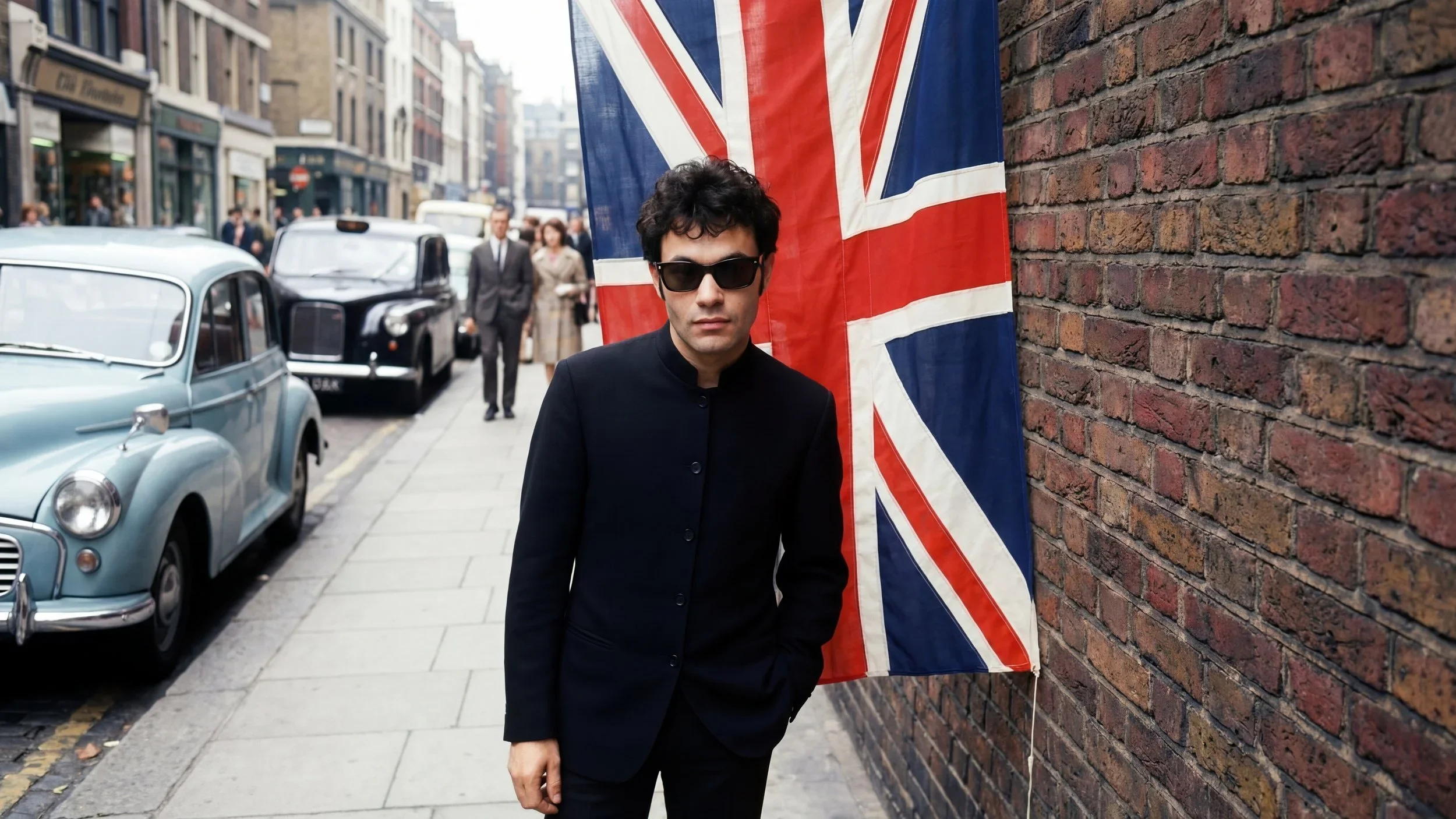 A man wearing black sunglasses and a black suit standing next to a large Union Jack flag on a brick wall in an urban street scene with vintage cars and pedestrians.