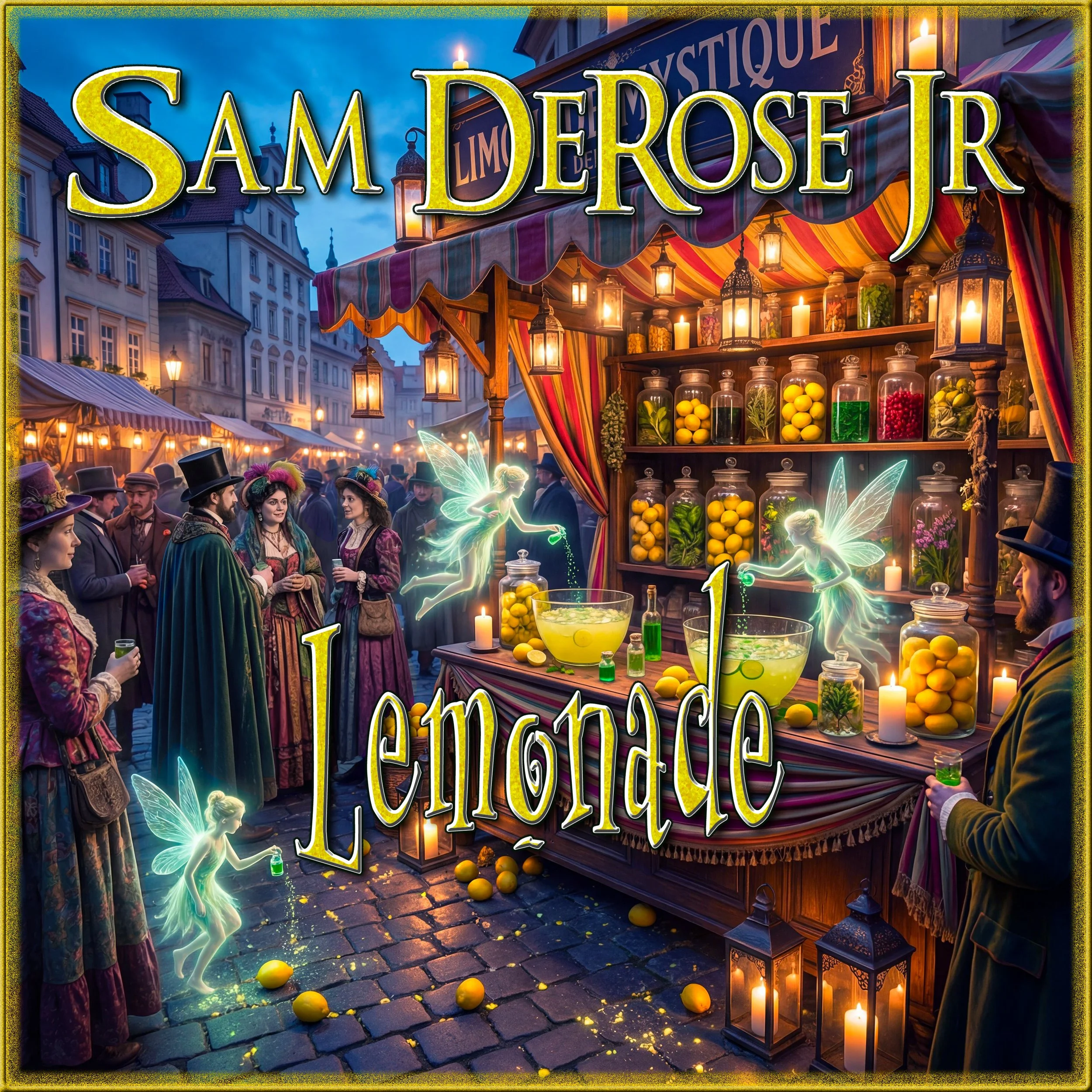 People in historical costumes at a street fair with a booth selling lemons and herbs, illuminated by candles and lanterns, during early evening in a European city.