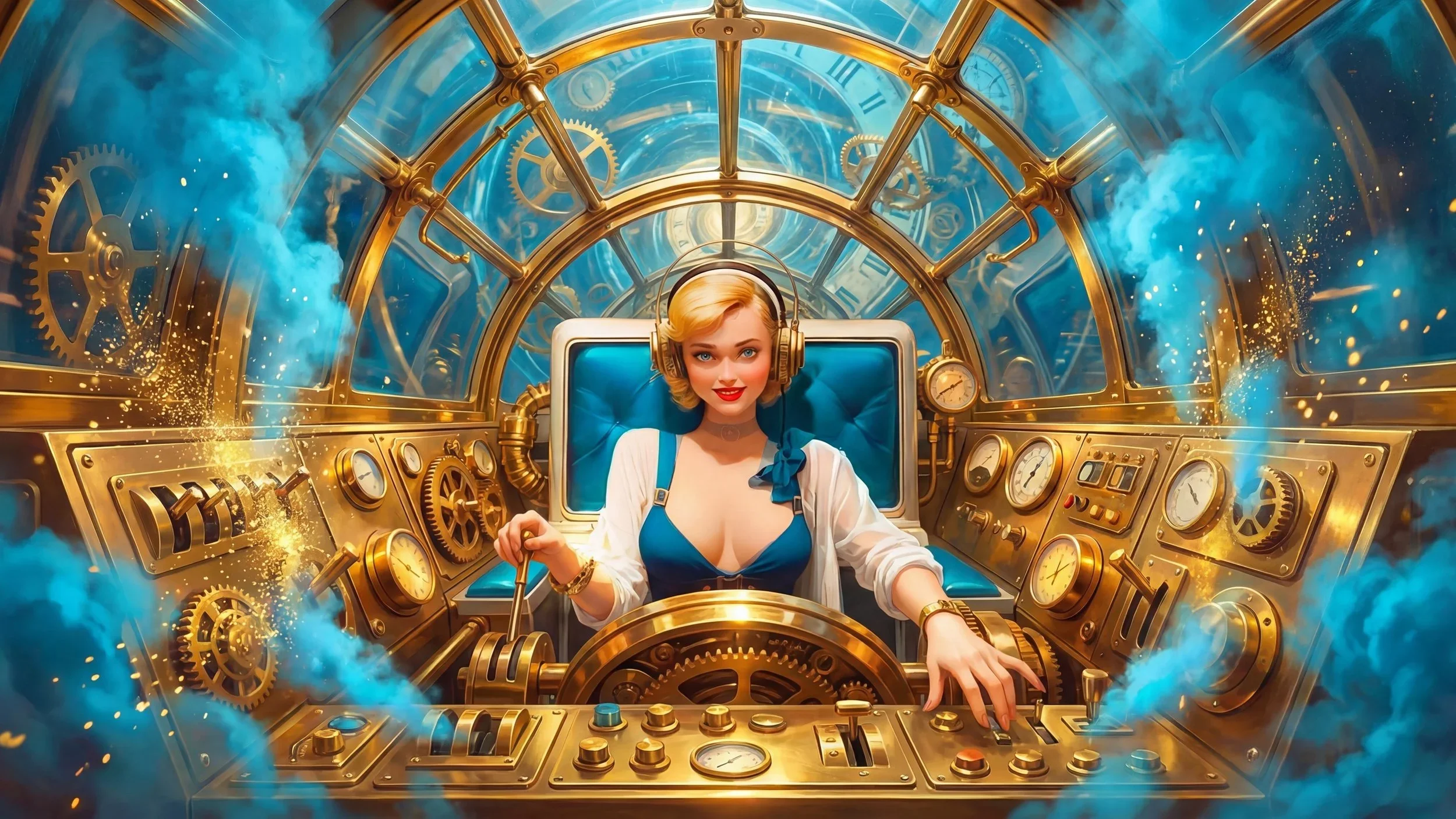 A woman with blonde hair wearing headphones sits in a futuristic, gold mechanical spaceship cockpit filled with gauges, gears, and blue smoke.