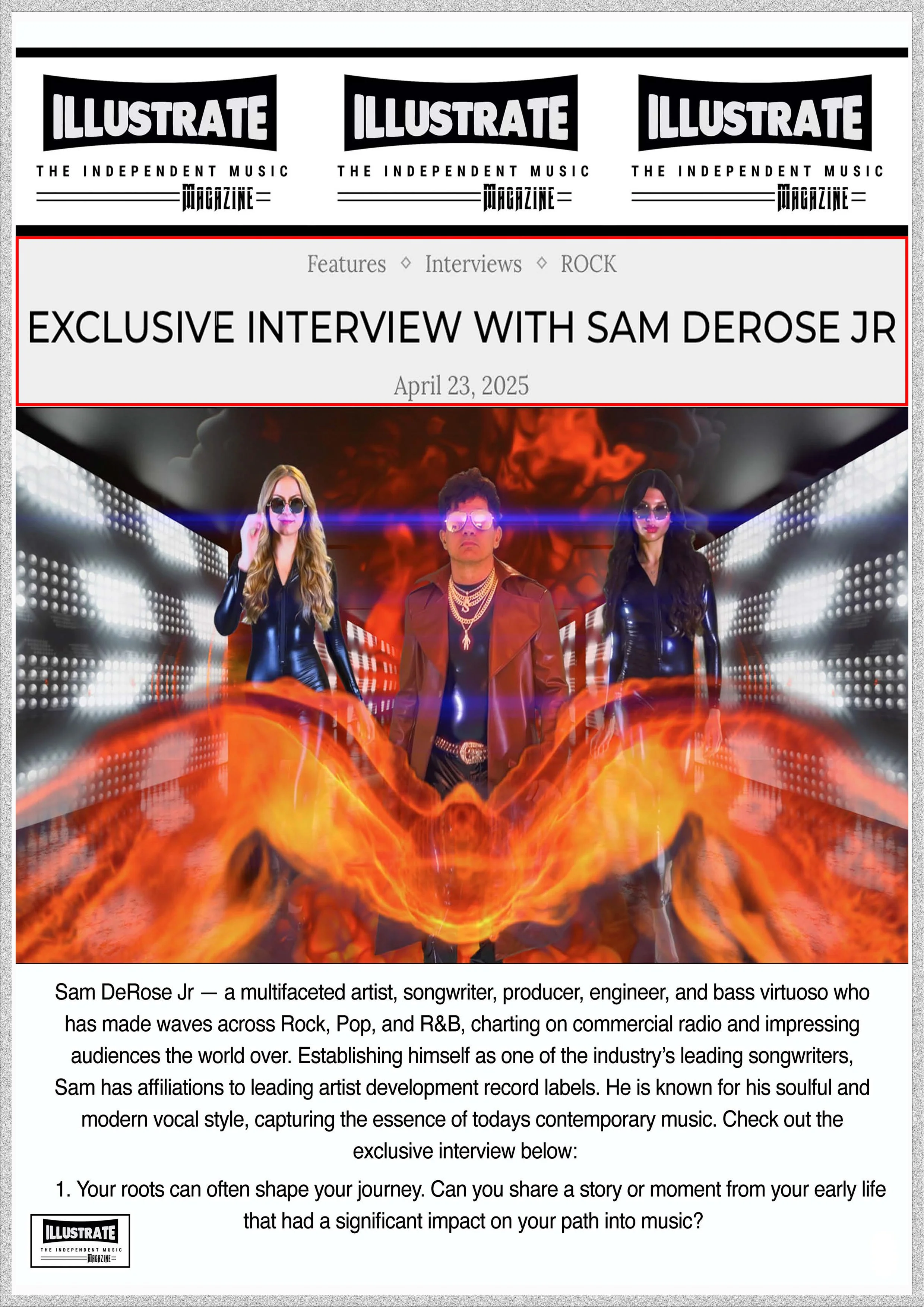 Magazine webpage featuring an exclusive interview with Sam DeRose Jr, showing a header with the magazine logo, a section with the interview title and date, and an artistic graphic of three people with flames and digital effects.
