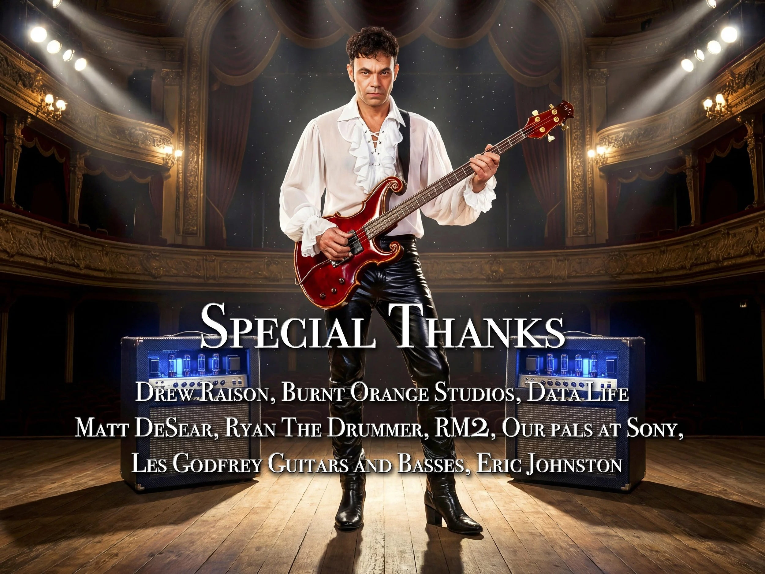 A man with dark curly hair and a serious expression stands on stage, holding a red electric guitar. He is wearing a white ruffled shirt and black shiny pants. The stage is in a grand theater with ornate gold detailing and red curtains. Speakers are i