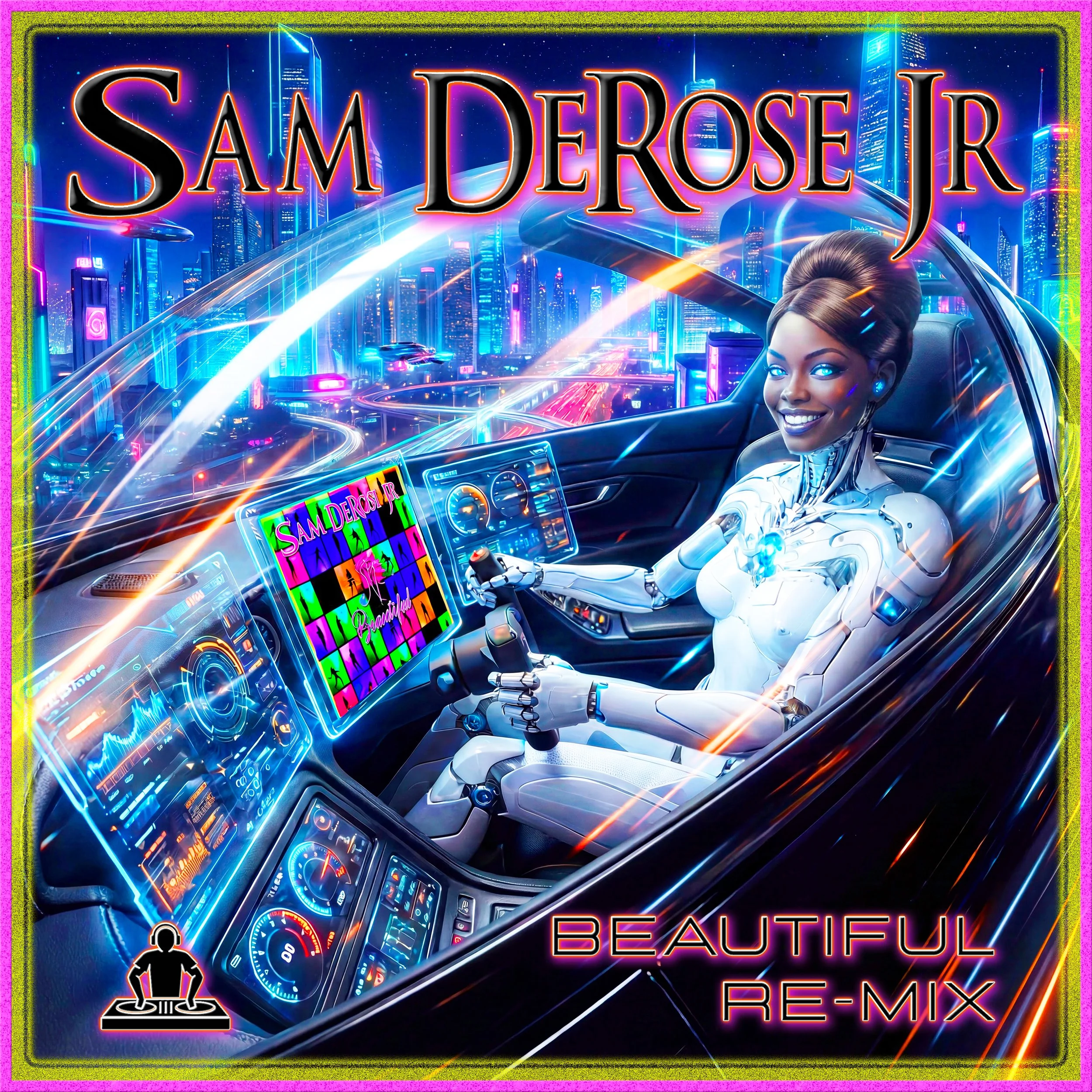Futuristic cityscape with neon lights and a woman with a robot body driving a high-tech vehicle. Text reads 'Sam DeRose' and 'Beautiful Re-Mix'.