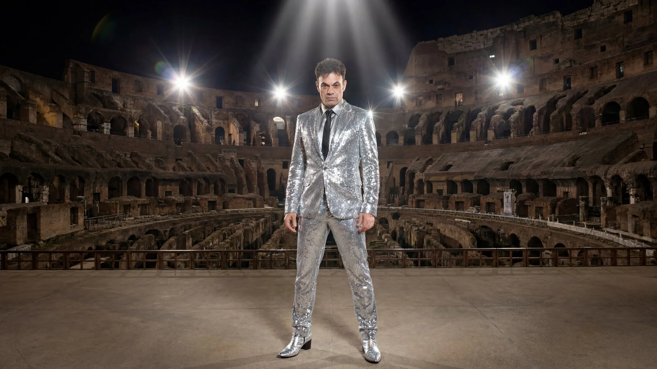 A man in a shiny, silver, sequin suit and matching silver boots stands inside the Roman Colosseum at night, illuminated by multiple bright lights overhead.