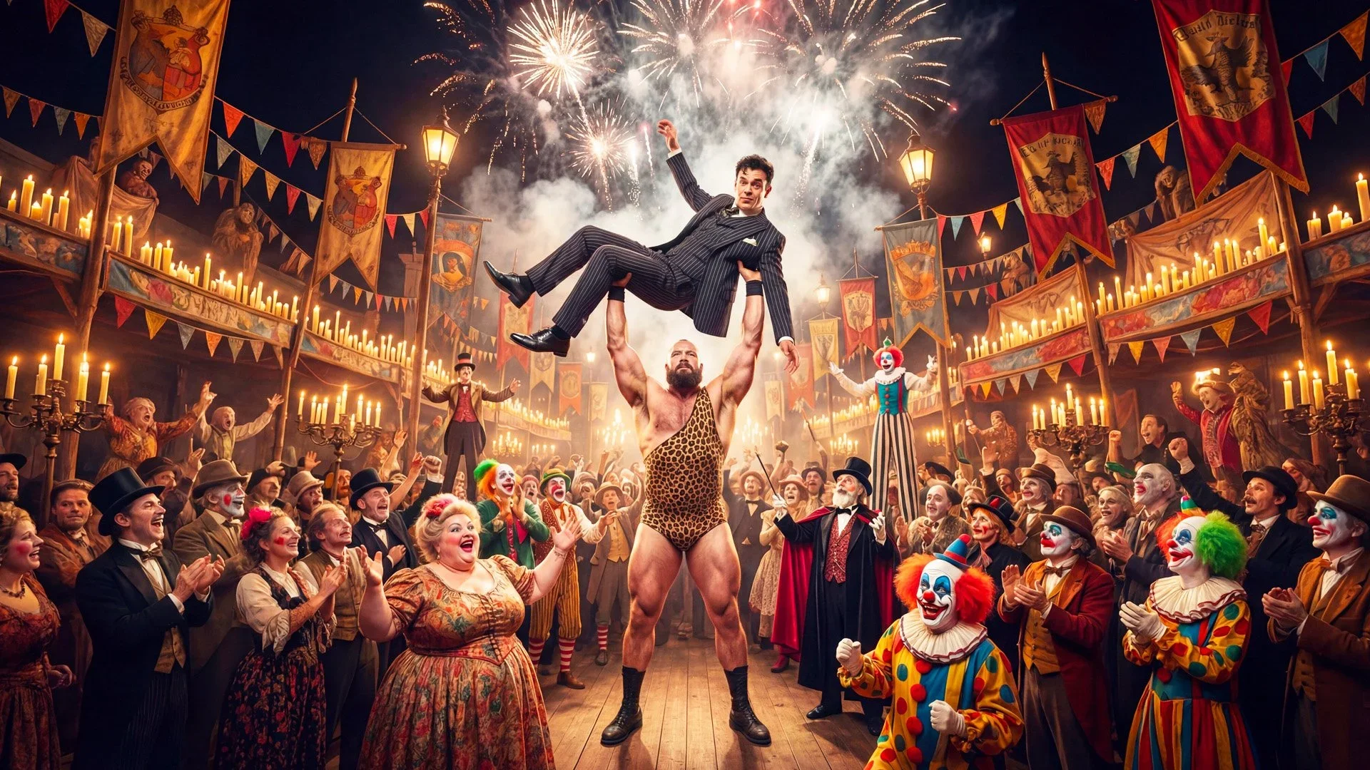 A circus scene with a crowd of clowns and performers, fireworks in the sky, and a man in a striped suit being lifted by a muscular man in leopard print shorts during a celebration.