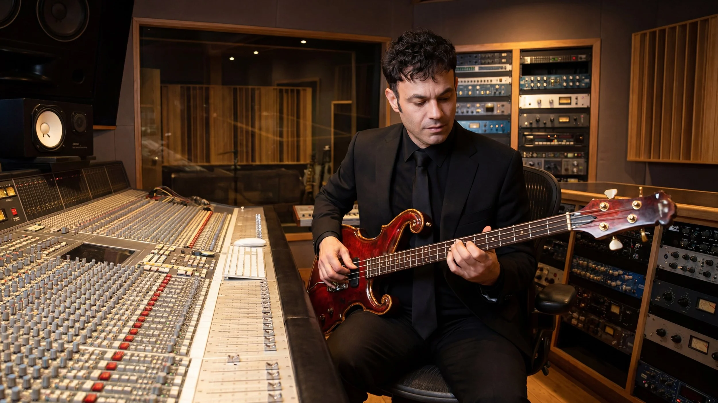 A man in a black suit playing a bass guitar in a recording studio with audio equipment and soundproofing.