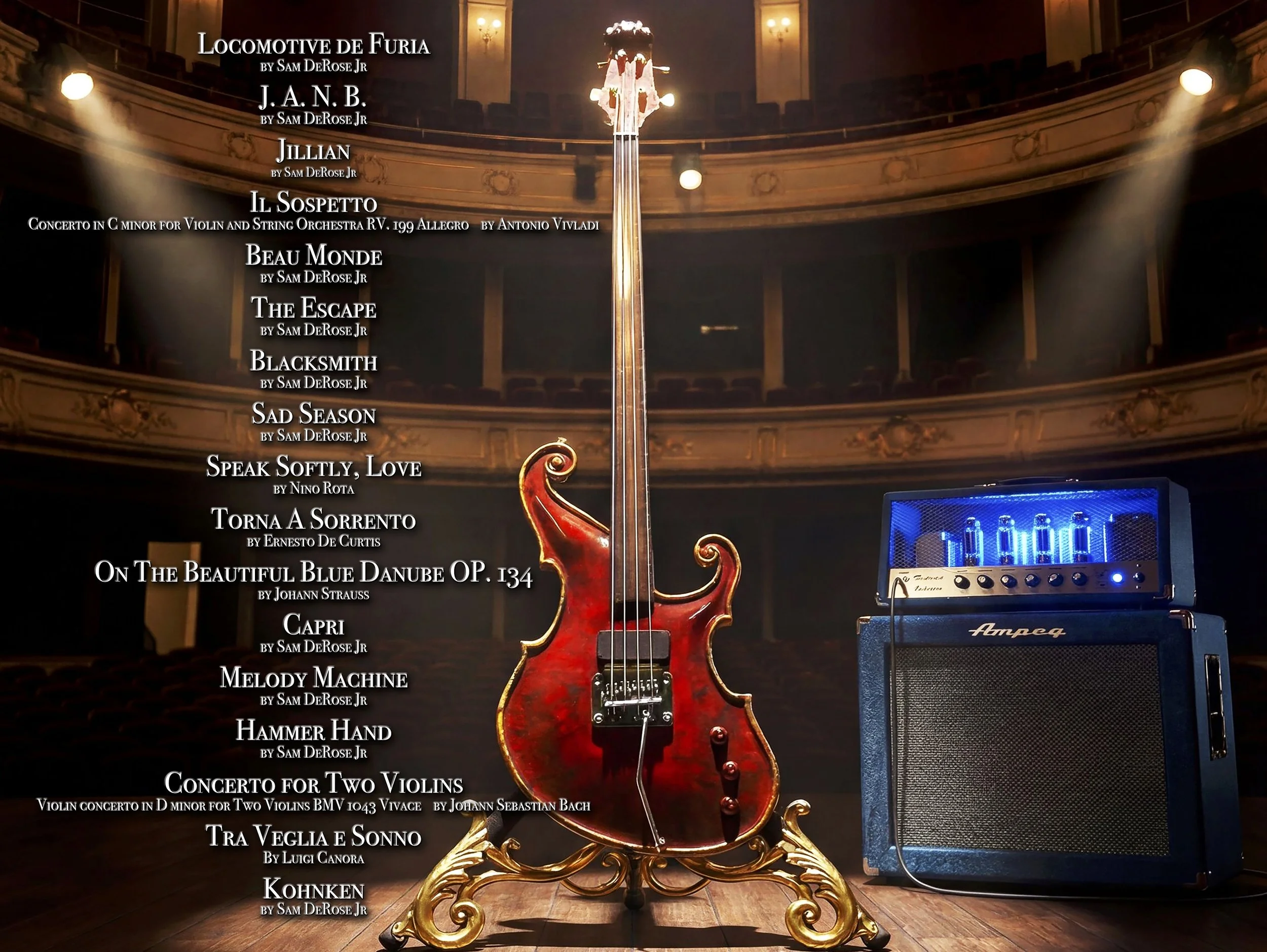 A red electric violin on a gold ornate stand in a theater with the names of classical music pieces and composers listed on a black background on its side. There is an amplifier and a music stand visible in the scene.