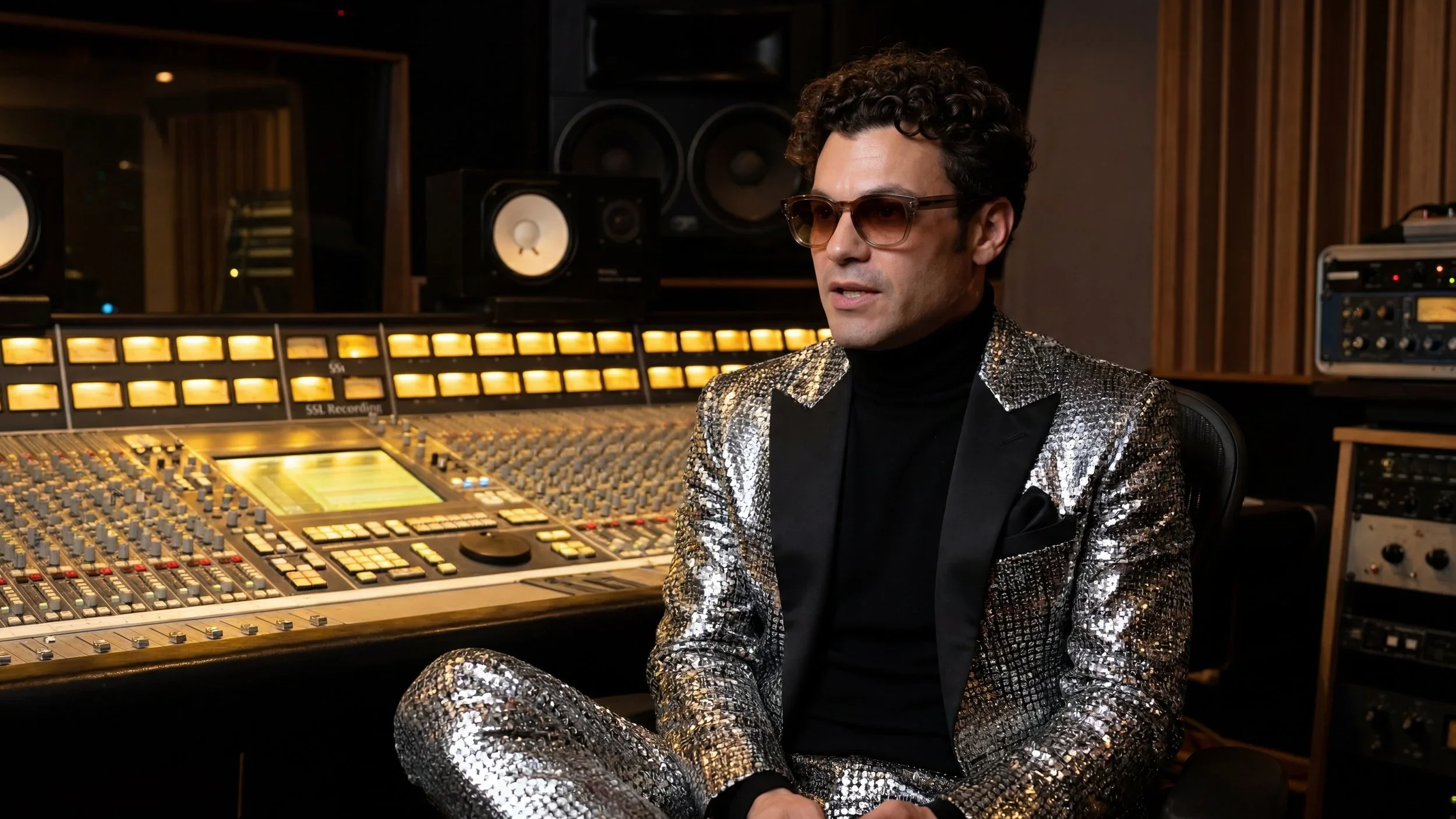 A man wearing a sparkling silver jacket and sunglasses sitting in a recording studio next to a large mixing console.