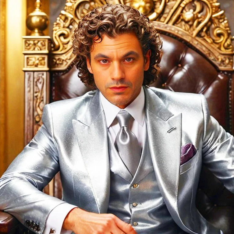 A man with curly dark hair sitting on a regal, ornately carved wooden throne with a high back. He is wearing a shiny silver suit with a silk shirt, tie, and a pocket square, and looking directly at the camera with a serious expression.