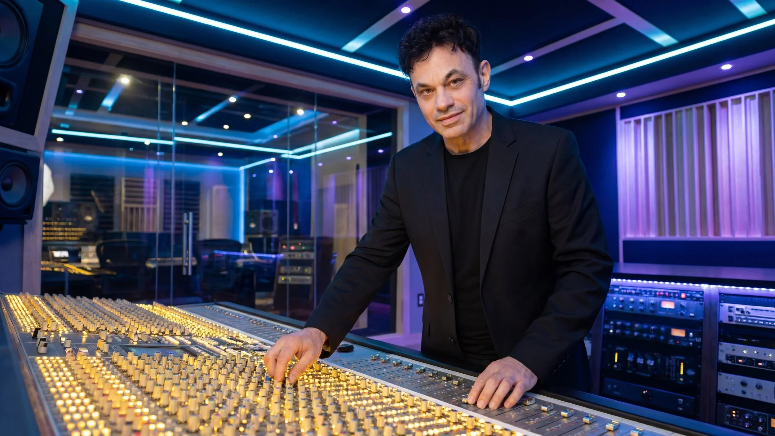 A man in a black suit operating a large audio mixing console in a modern recording studio with colorful LED lighting.