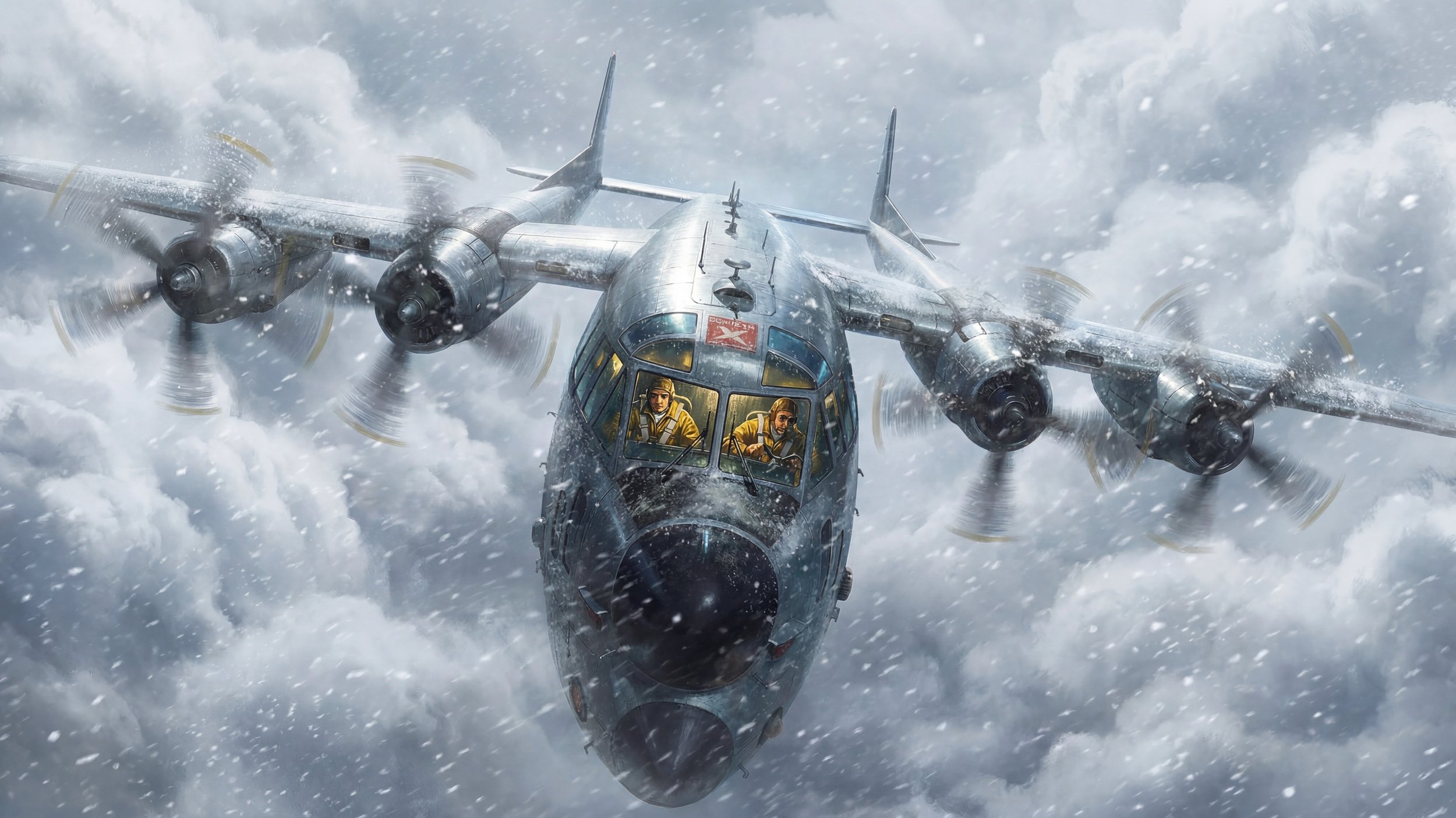 A futuristic aircraft flying through stormy clouds, with two pilots visible in the cockpit.