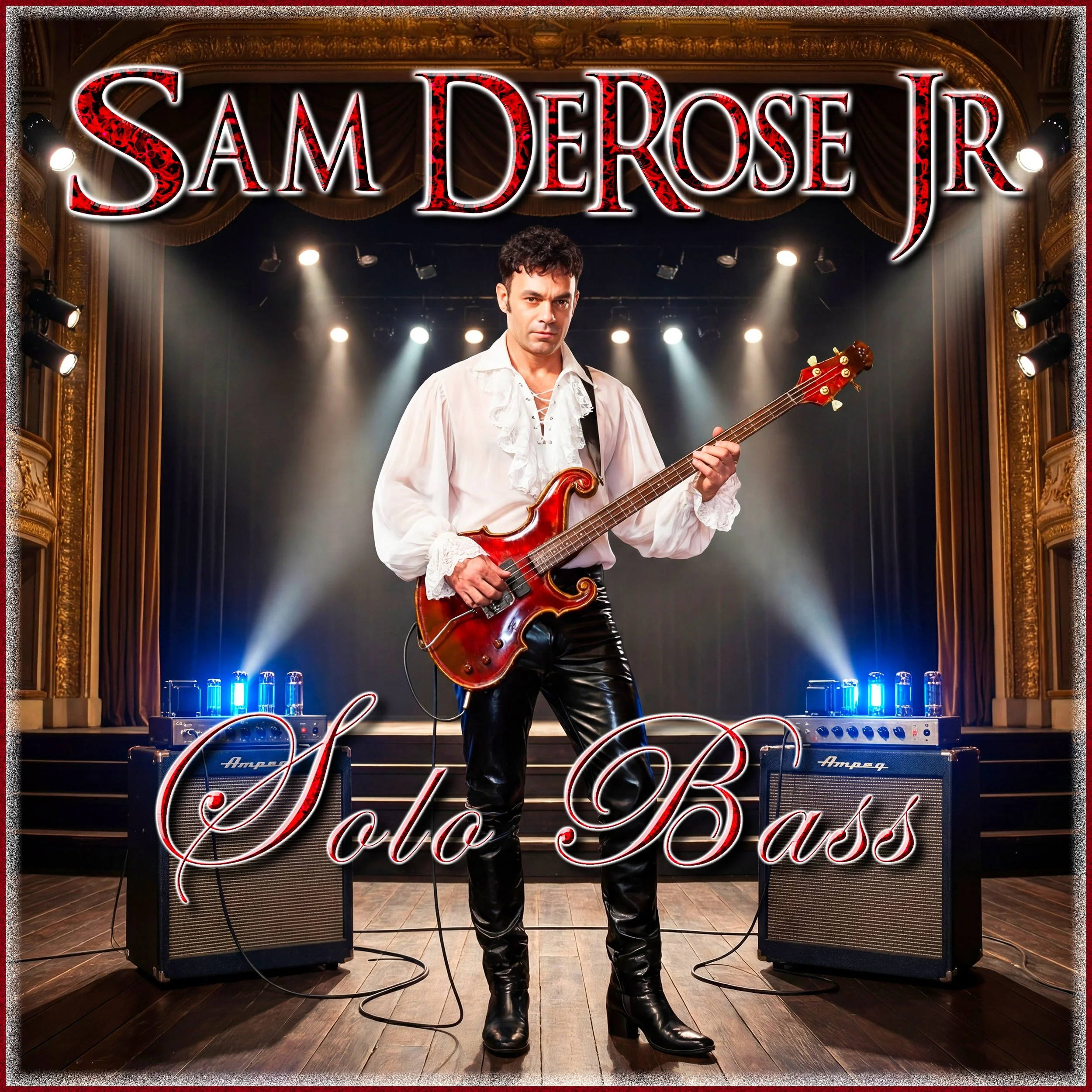 A man dressed in a white shirt and black leather pants standing on stage with a bass guitar, in front of a sign that reads 'Sam DeRose Jr. and The D.O.D.' in a theater with ornate gold decorations.