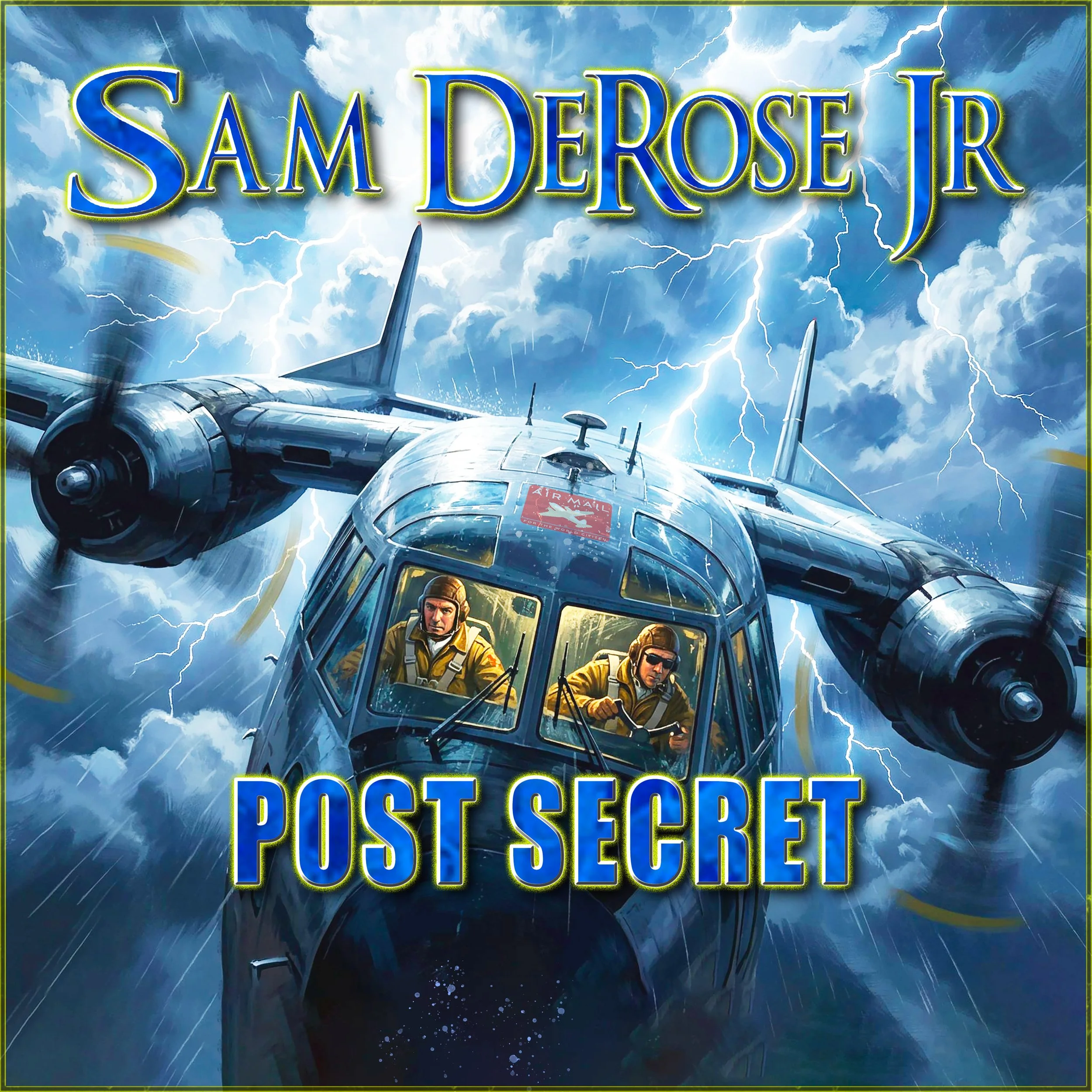 A vintage aircraft flying through a stormy sky with lightning, clouds, and rain. The title text says 'Sam DeRose for Post Secret' in bold letters.
