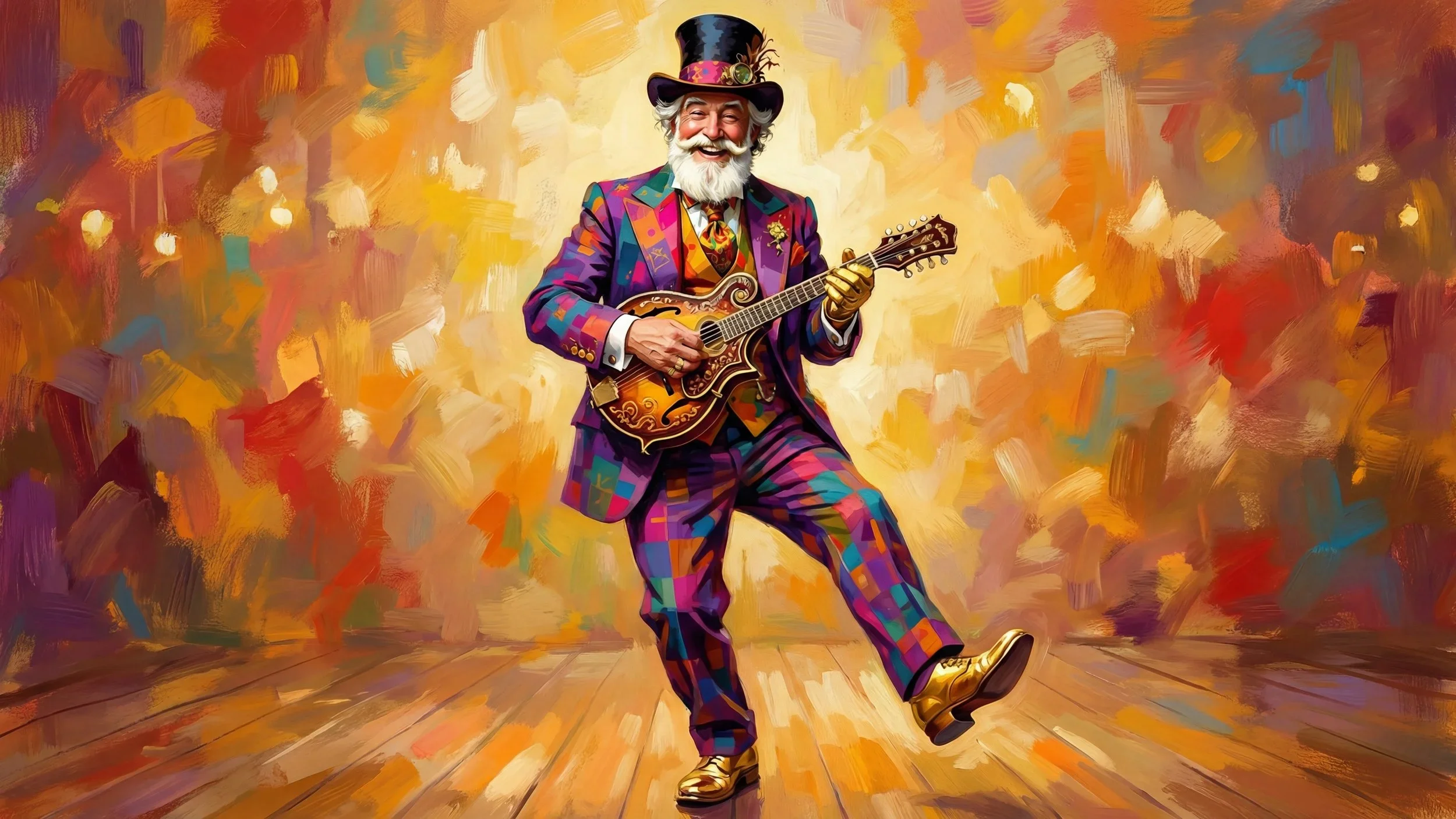 Colorful painting of an elderly man with a white beard, wearing a vibrant patchwork suit, top hat, and gold shoes, playing a guitar and smiling, set against an abstract, colorful background.