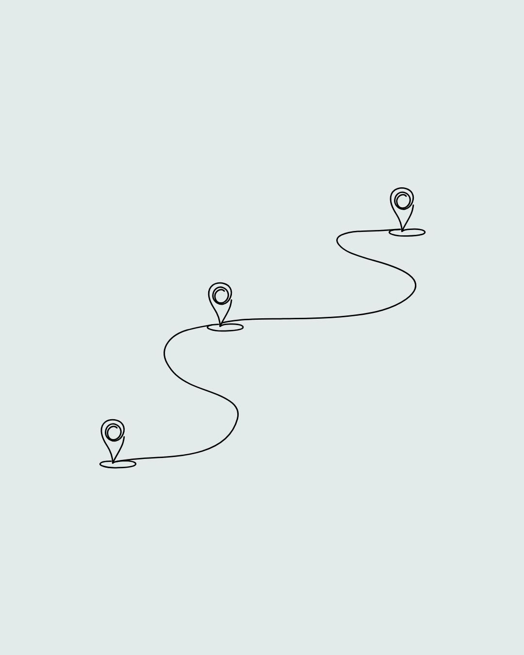 A minimalist illustration of a winding path with three location pins along it, on a light background.