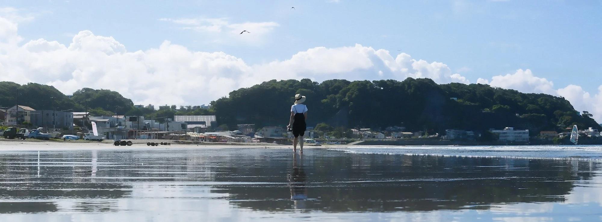 A woman walking barefoot on the wet sand at the beach during daytime, with a town and hills in the background, and seagulls flying overhead.