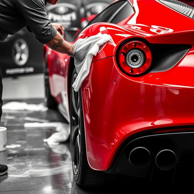 A person polishing a red sports car with a towel in an indoor car detailing facility.