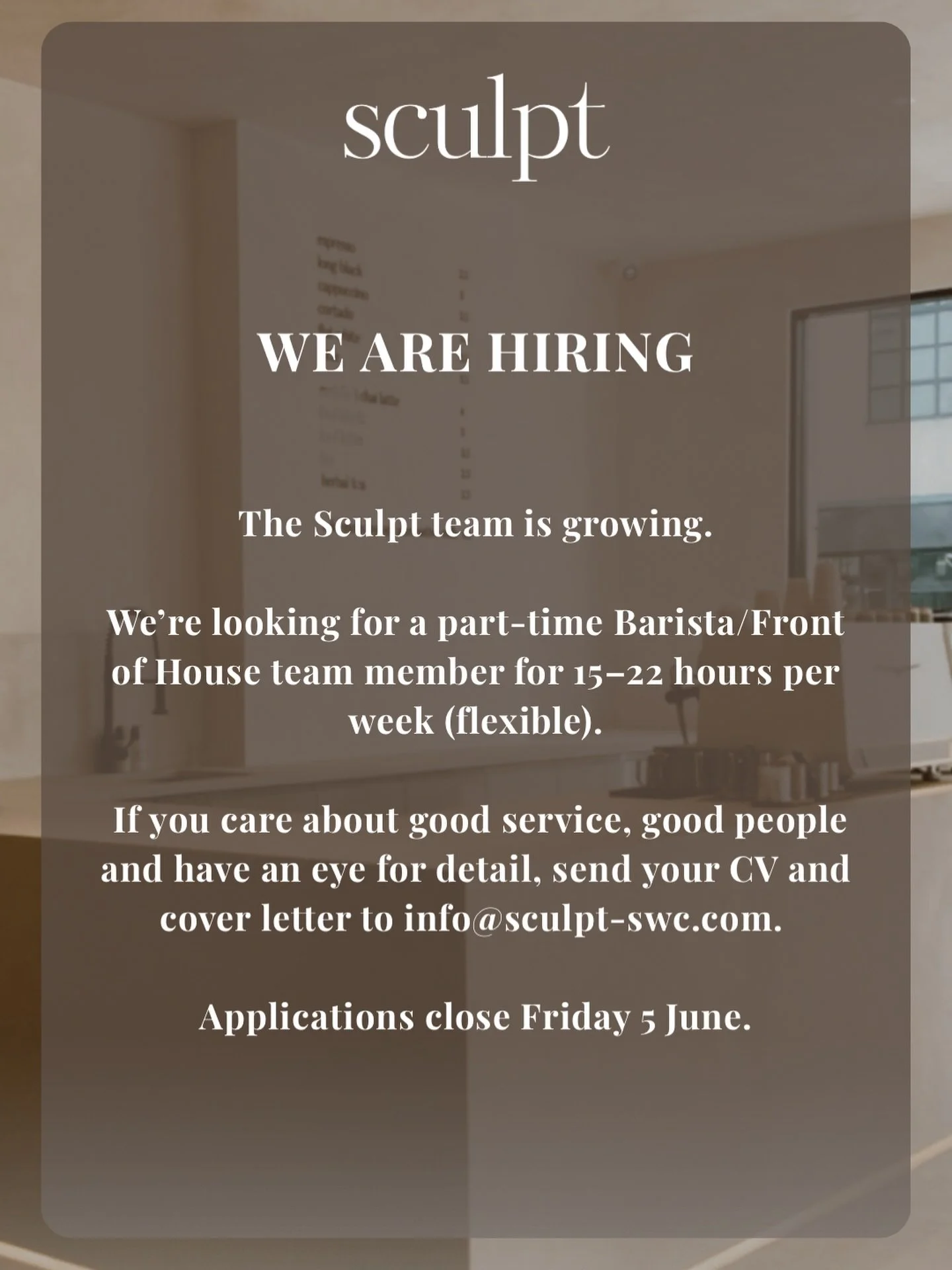 We&rsquo;ve built a community we&rsquo;re really proud of. Now we need someone to help us take care of them.

Part-time Barista/Front of House role available&hellip;15-22 hours per week. 

Interested, or know someone who might be? Send a CV and cover