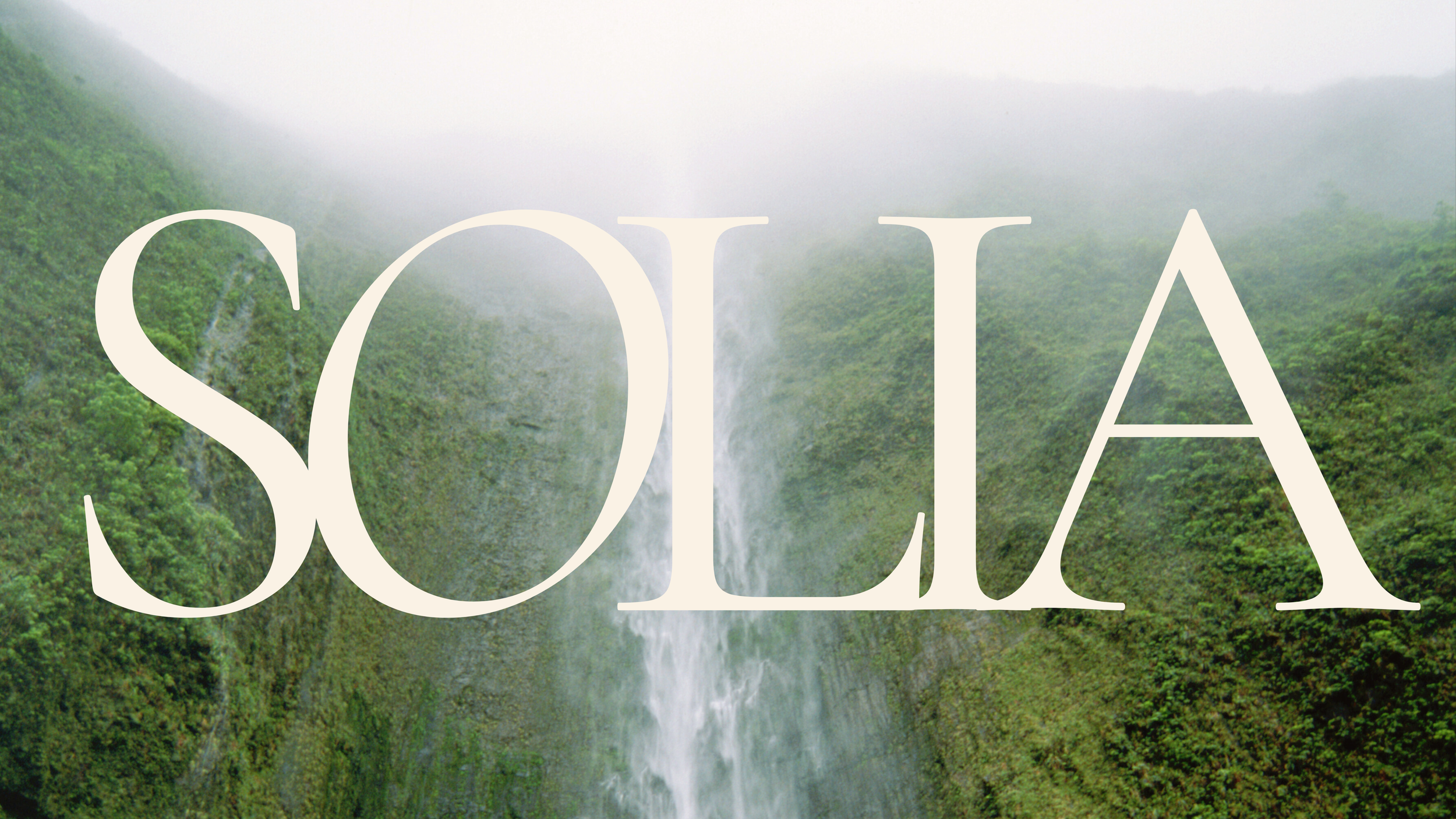 Branding visual for a wellness retreat, featuring green cliffs, a waterfall with mist, and bold white lettering overlaid.