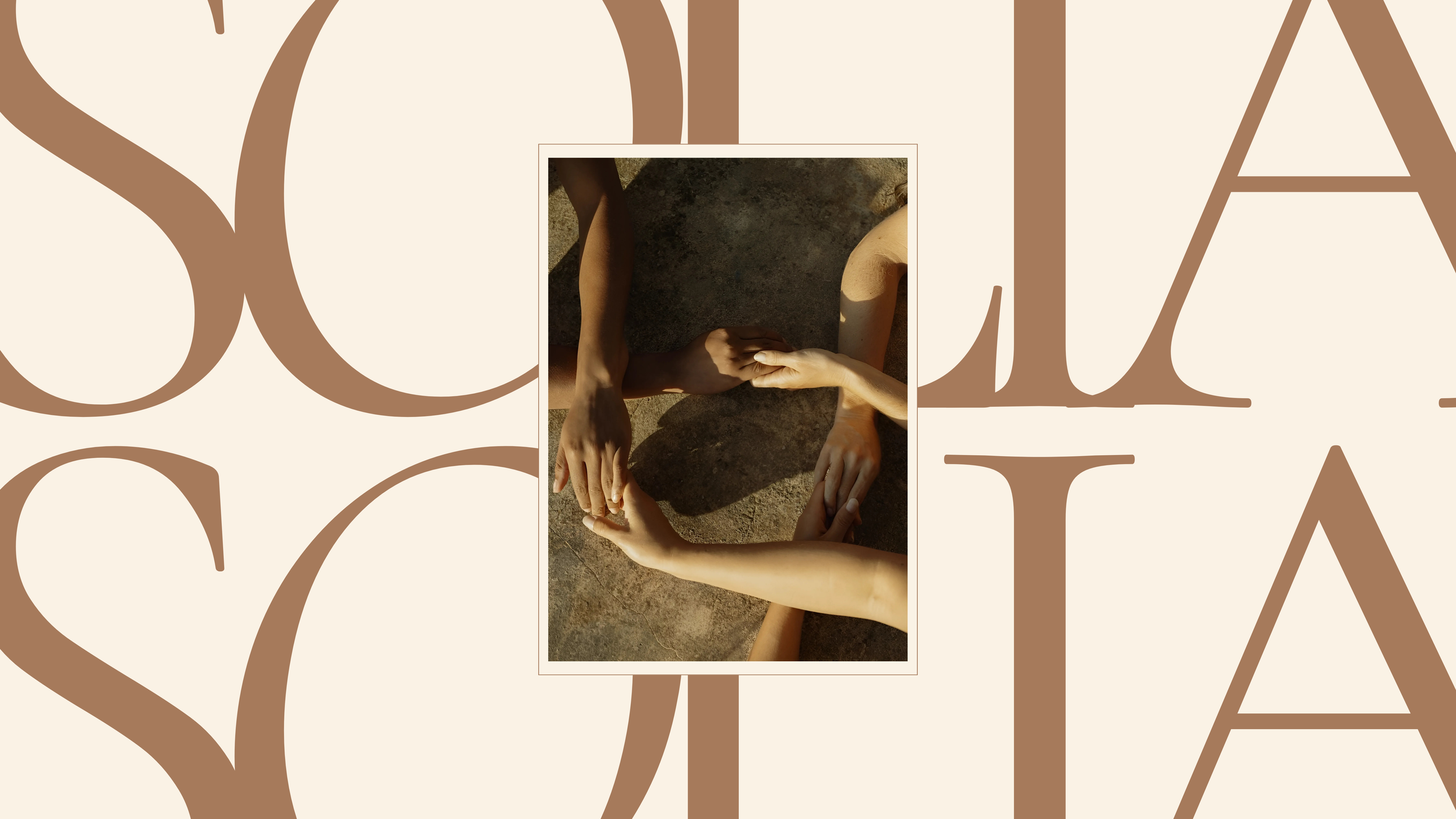 Visual from a branding project by dāna, featuring diverse hands intertwined and framed by large brown letters on a beige background.