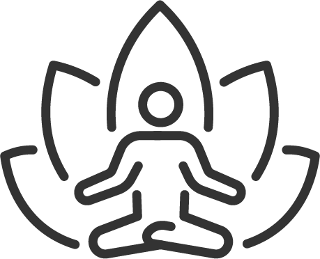 Eine stilisierte Illustration einer Person in einer Lotus-Sitzhaltung, umgeben von Blütenblättern, symbolisiert Meditation oder Entspannung.