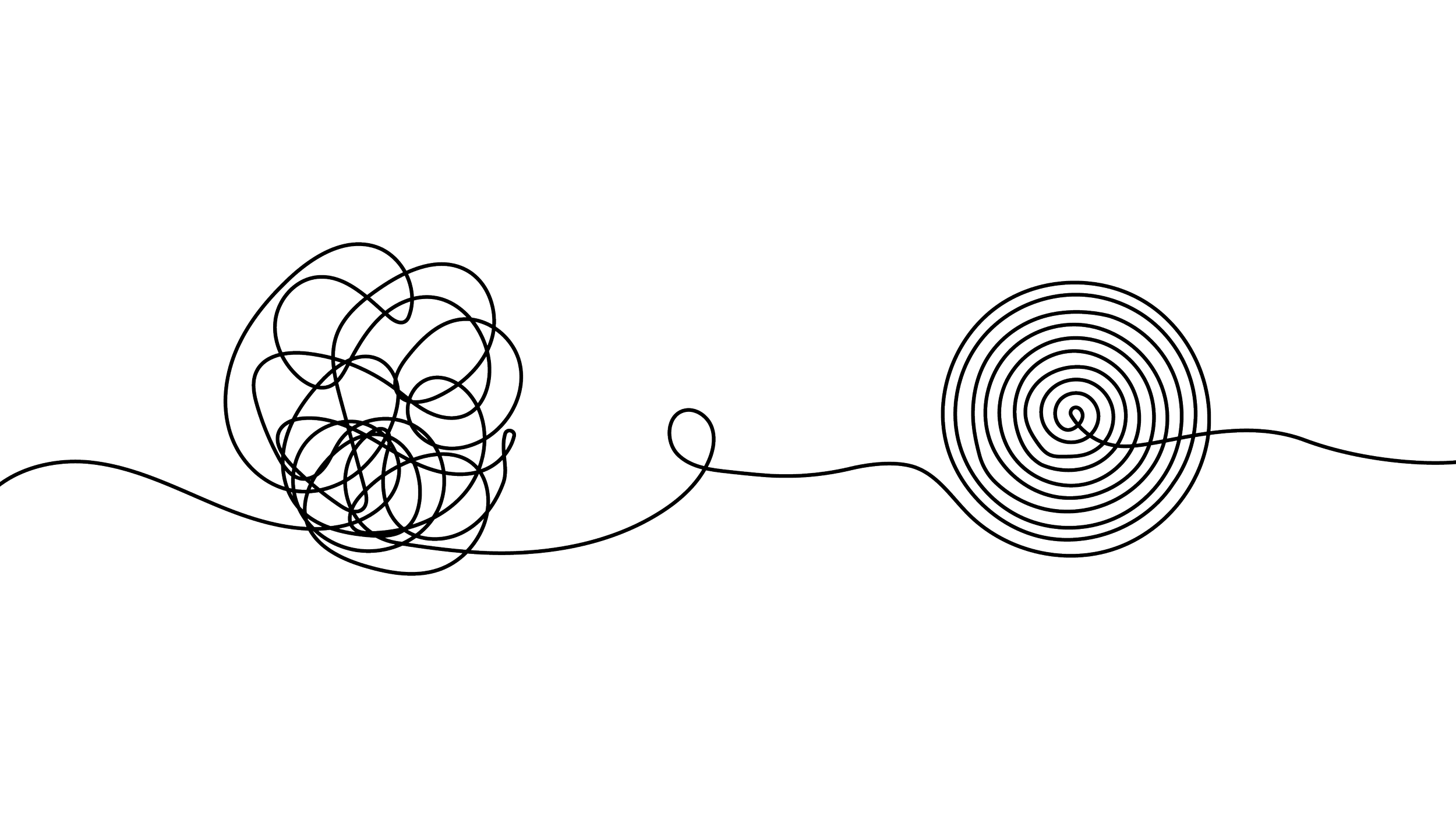 Schwarz-weiß Illustration einer Kabelspirale mit lockerer Schnur auf schwarzem Hintergrund.