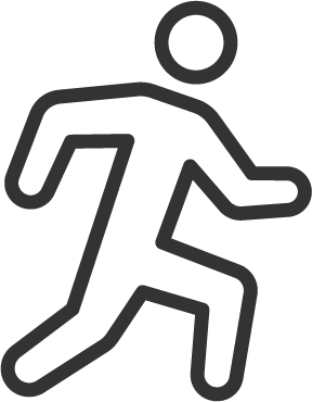 Ein stilisiertes Symbol eines laufenden Balls mit einer Figur, die nach oben schießt.