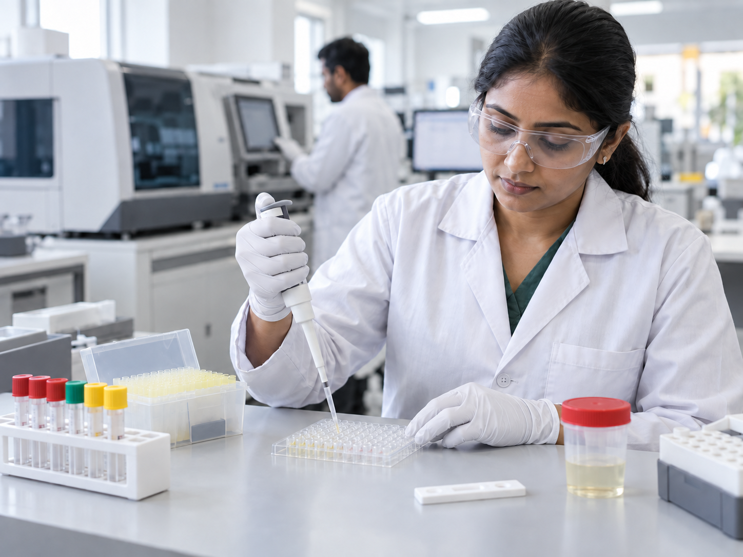 Indian laboratory professional using a micropipette with diagnostic consumables