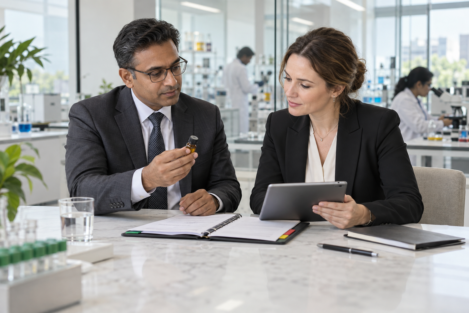Indian healthcare market specialist reviewing a product sample with an international pharmaceutical representative
