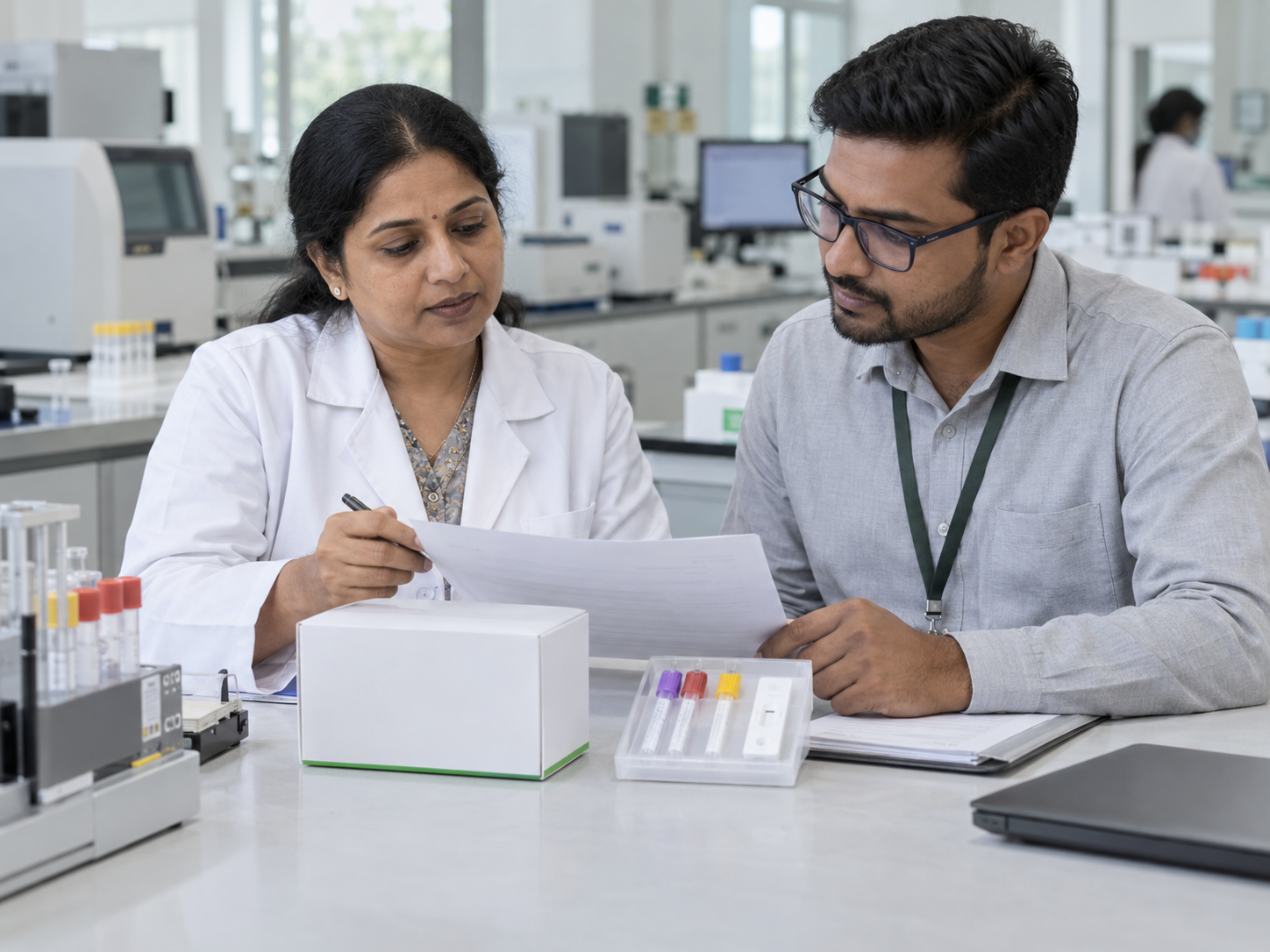 Indian laboratory head and sourcing professional reviewing diagnostic supplies
