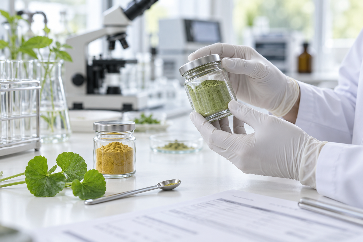 Botanical extract powders being inspected in a modern quality-control laboratory