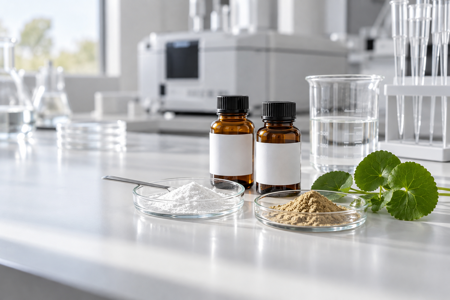 Pharmaceutical and nutraceutical ingredient samples arranged in a modern analytical laboratory