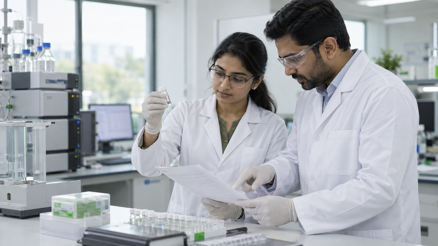 Indian pharmaceutical professionals reviewing an ingredient sample and specification document