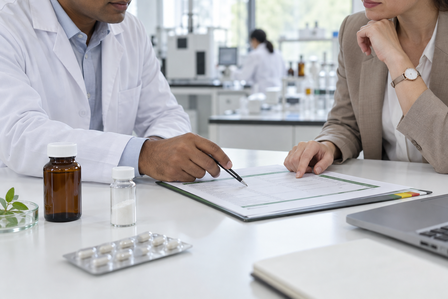 A pharmaceutical quality specialist and sourcing professional reviewing an ingredient sample and specification in a modern laboratory
