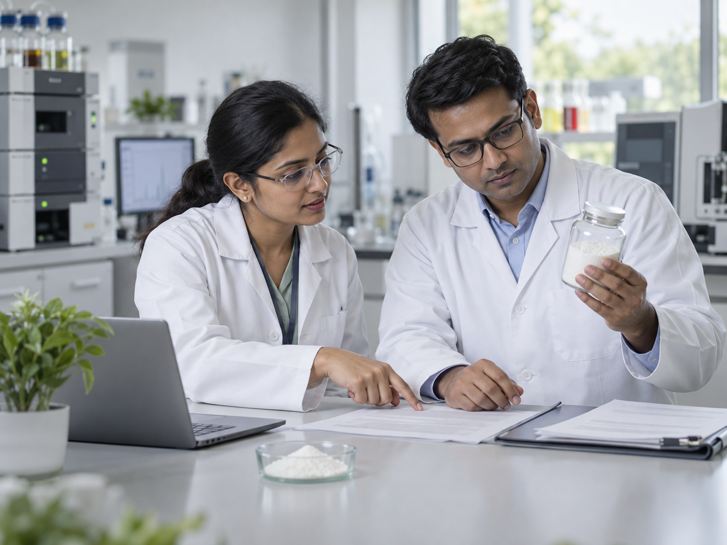 Indian pharmaceutical professionals reviewing an excipient specification and sample