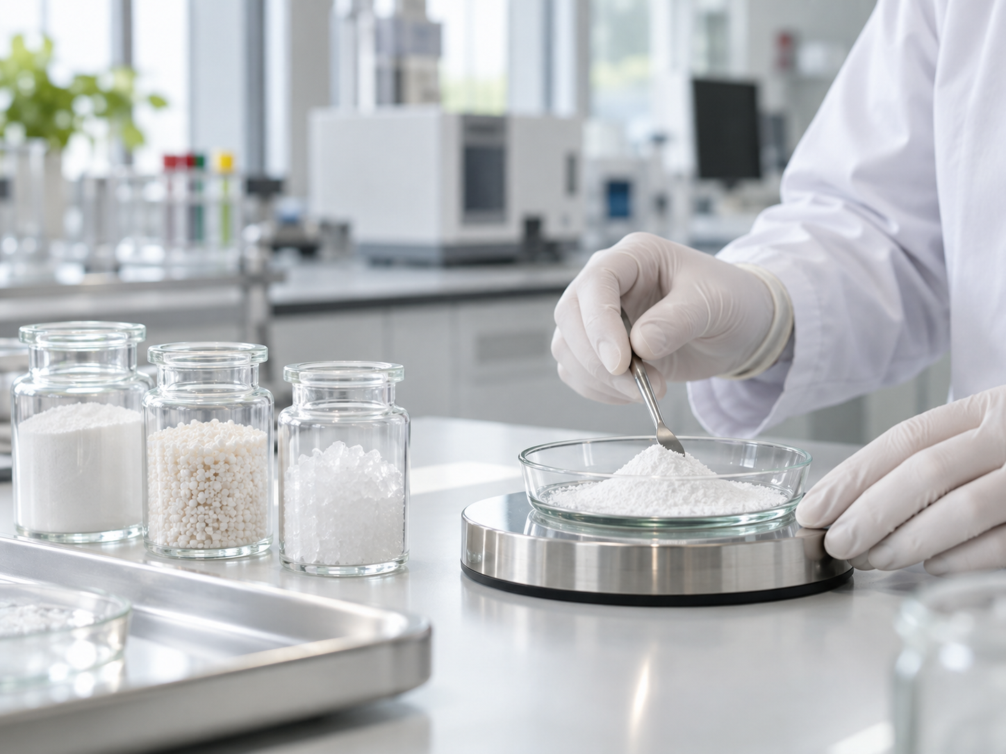 Laboratory professional reviewing pharmaceutical excipient powders and granules